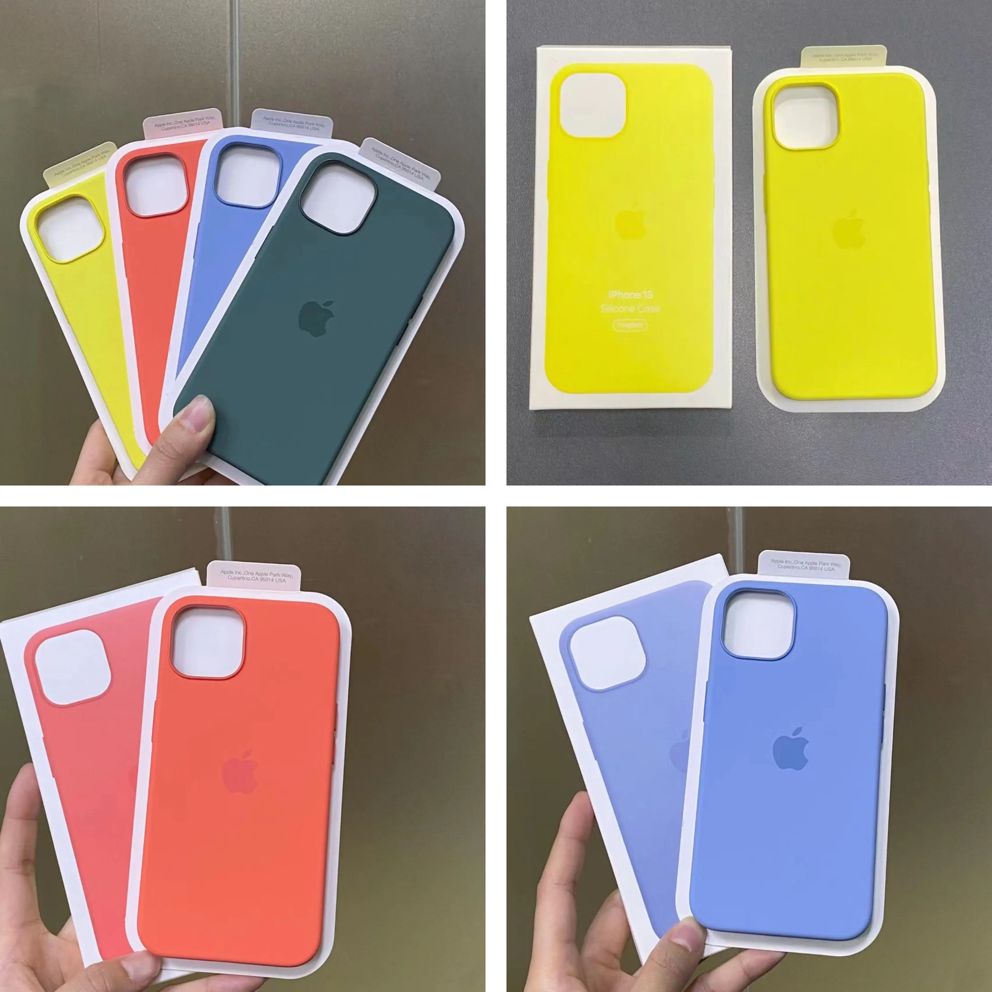 Four images shared in a grid that depict the alleged new spring-themed colors for Apple's MagSafe cases for the iPhone 13 family