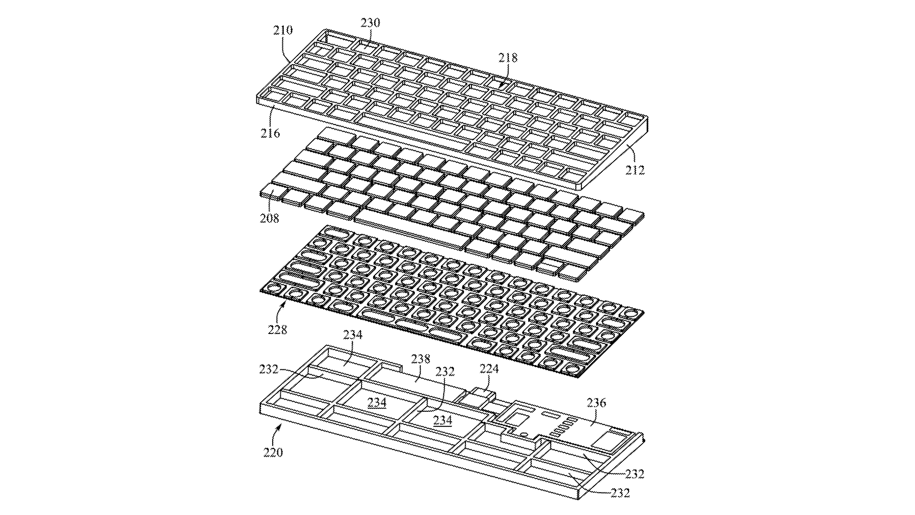 A patent drawing filed as part of Apple's USPTO patent application for a computer in an input device which details how the company could integrate a whole Mac inside a Magic Keyboard. The drawing depicts an isometric exploding view of the device's components, such as the external casing with the keys, the keyboard section and the internal side with the battery components along with the miniature logic board, a single input and output port, and more.
