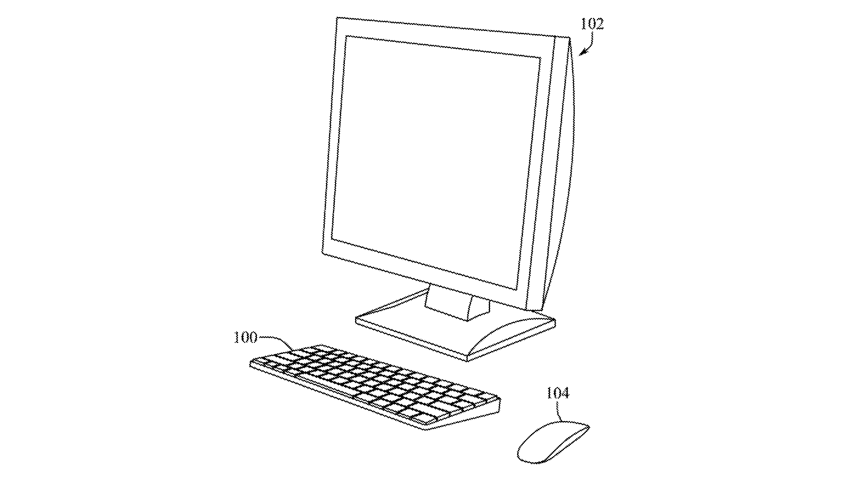 A patent drawing filed as part of Apple's USPTO patent application for a computer in an input device which details how the company could integrate a whole Mac inside a Magic Keyboard. The drawing depicts a setup consisting of a Mac/Magic Keyboard hybrid with a wireless keyboard and an external monitor.