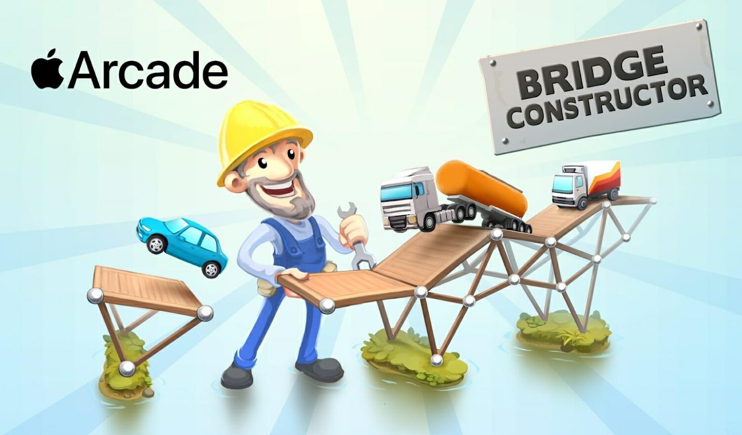 Promotional graphics for the Bridge Constructor game, relaunched on Apple Arcade as Bridge Constructor+