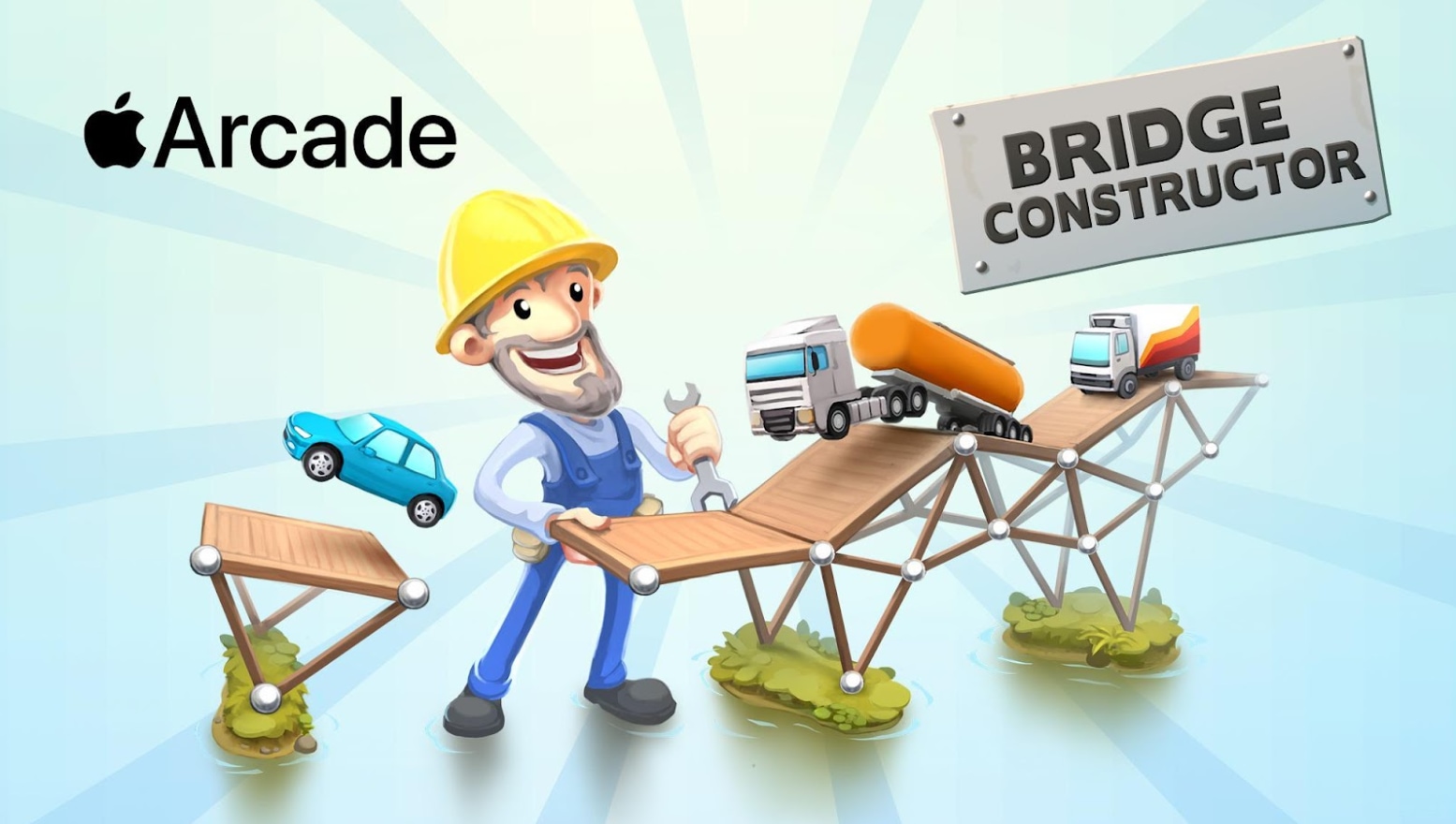 Promotional graphics for the Bridge Constructor game, relaunched on Apple Arcade as Bridge Constructor+