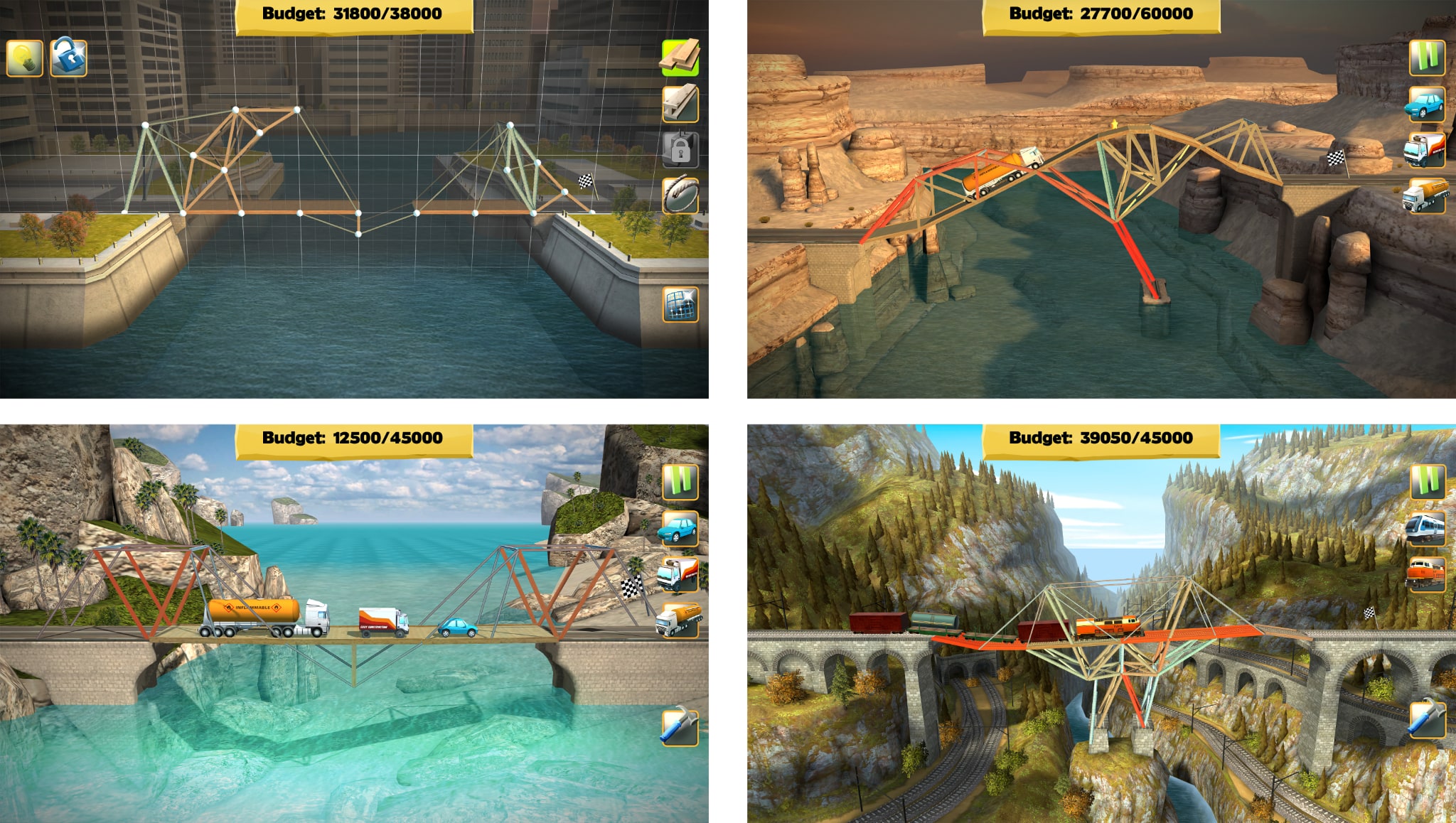 Screenshots of the Bridge Constructor game, relaunched on Apple Arcade as Bridge Constructor+