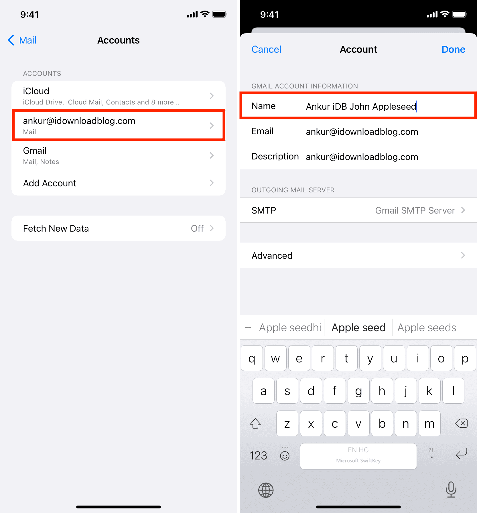 Change email display name for Mail app on iPhone