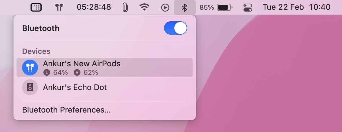 Connect AirPods to Mac from the Bluetooth icon in top menu bar