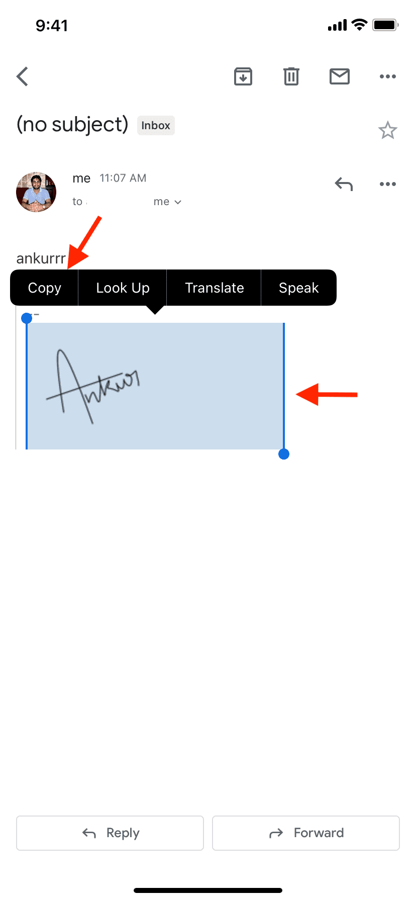 Copy handwritten email signature on iPhone