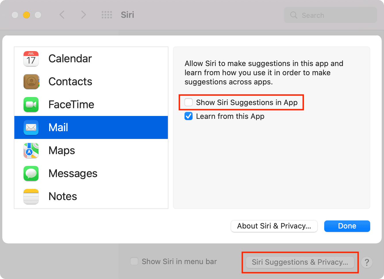 Disable Mail event Siri suggestions on Mac