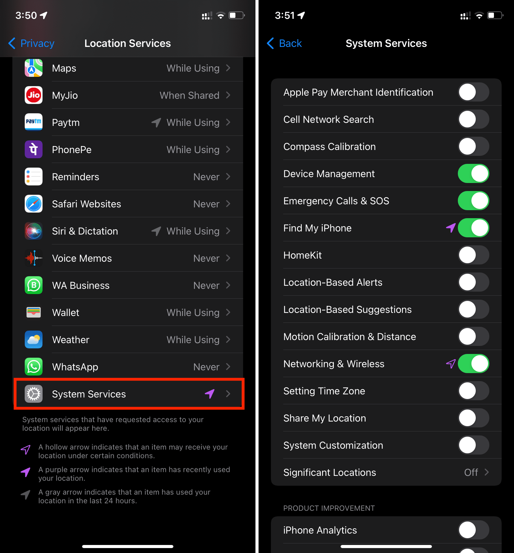Disable location for System Services to increase iPhone battery life