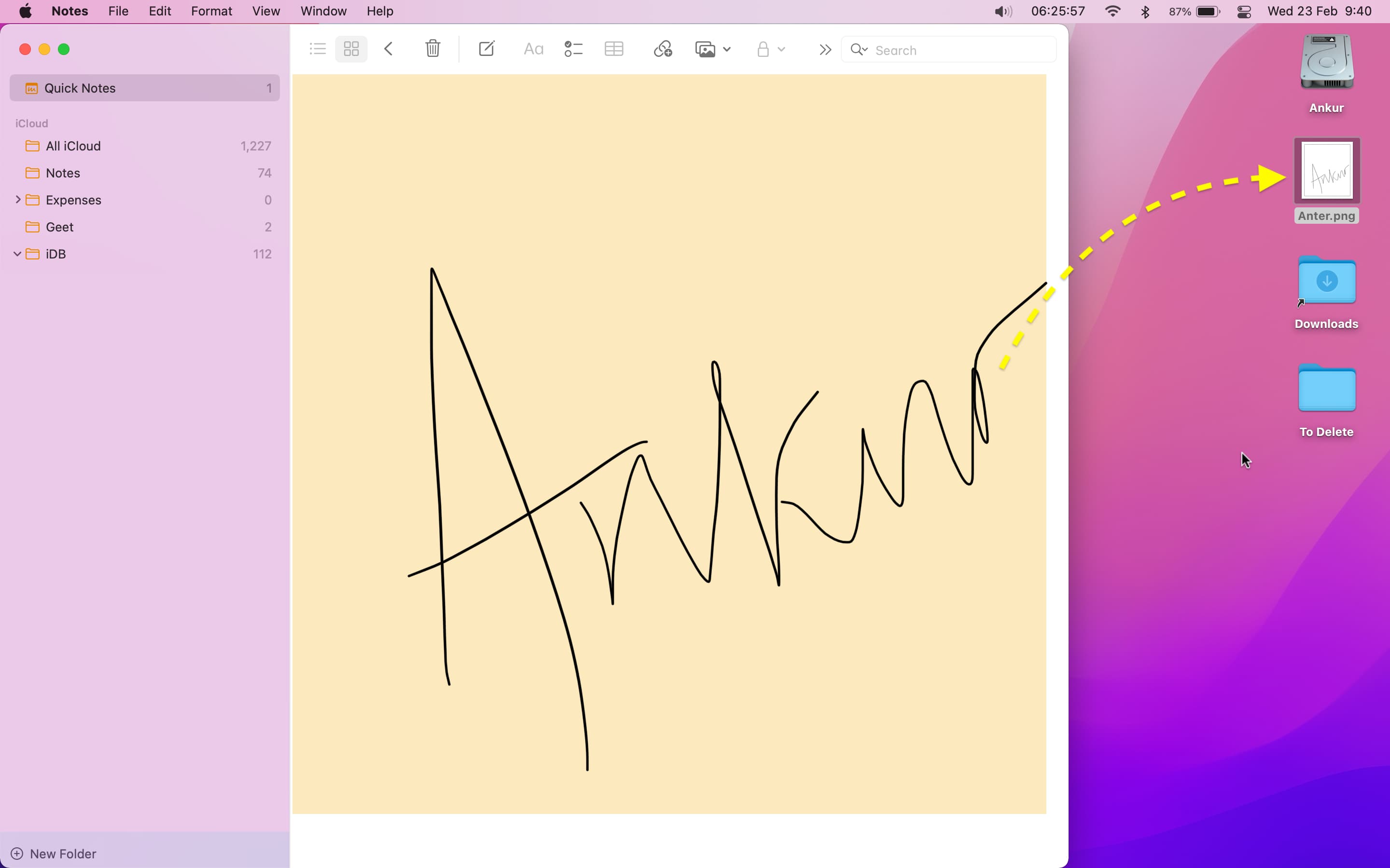 Drag notes signature image to Mac desktop
