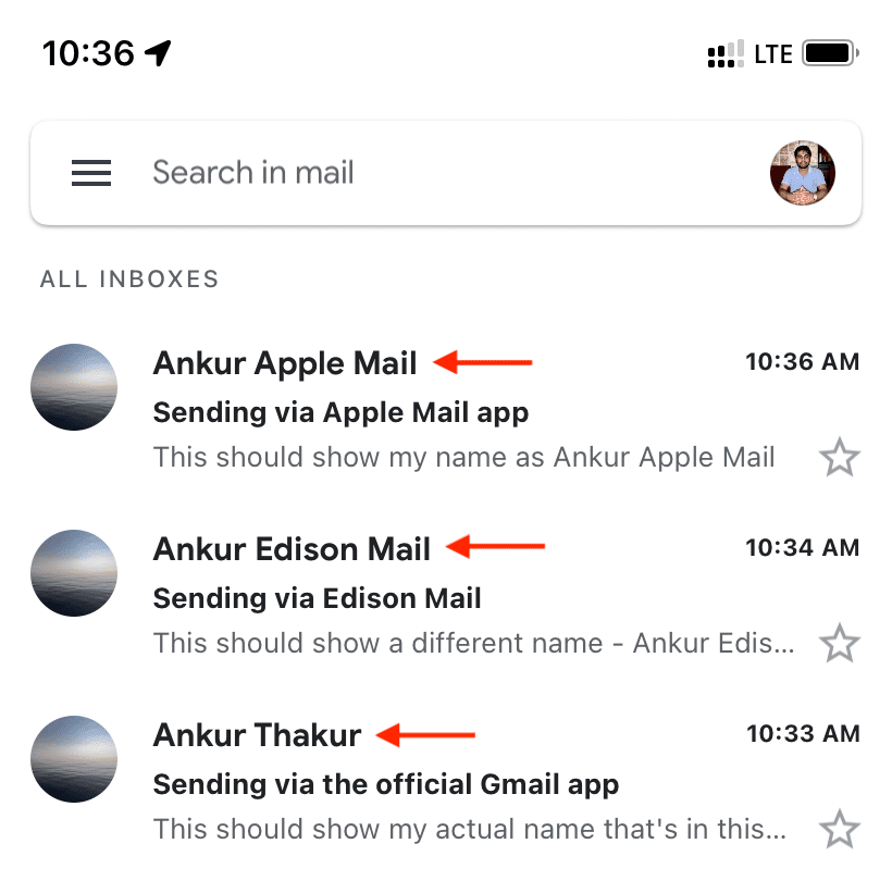 Email sender name works only in specific app