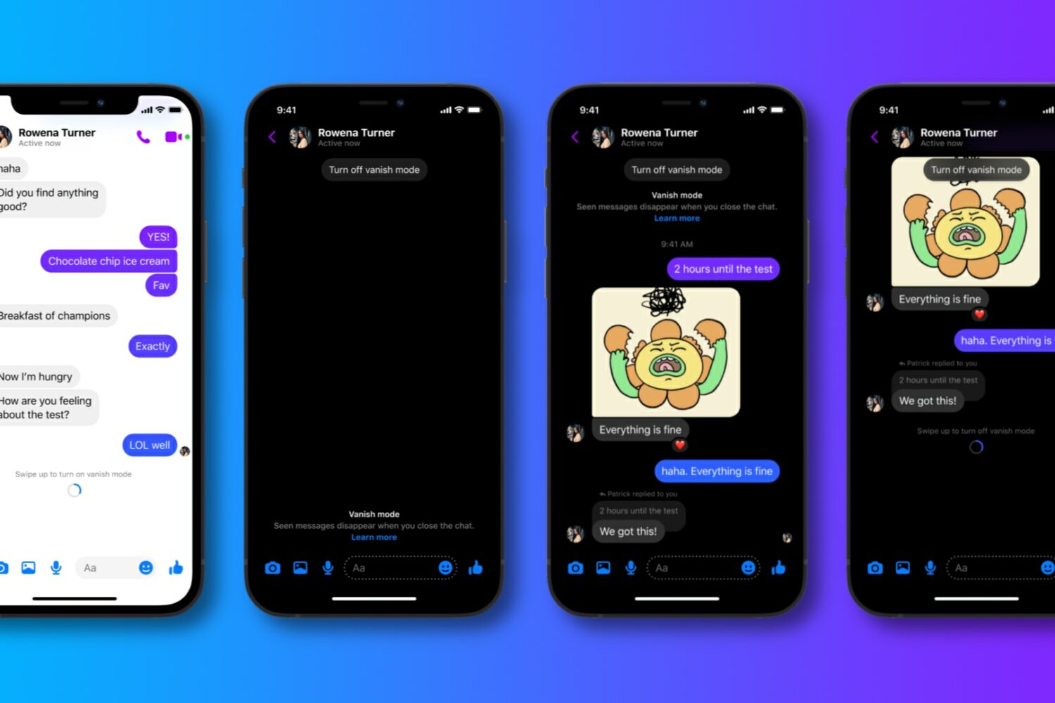 Four device screenshots showcasing Vanish Mode in Facebook Messenger for iPhone