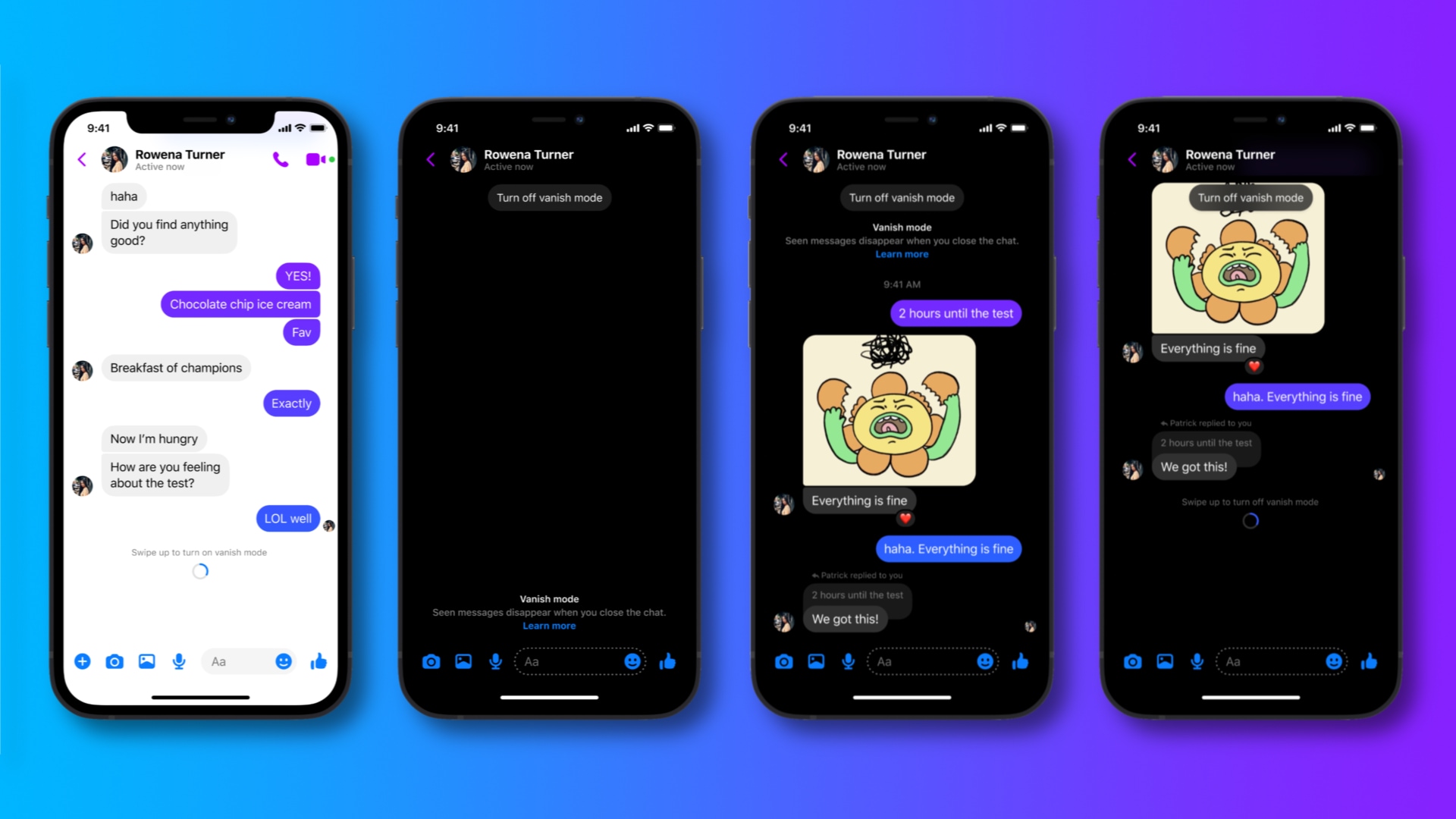 Four device screenshots showcasing Vanish Mode in Facebook Messenger for iPhone