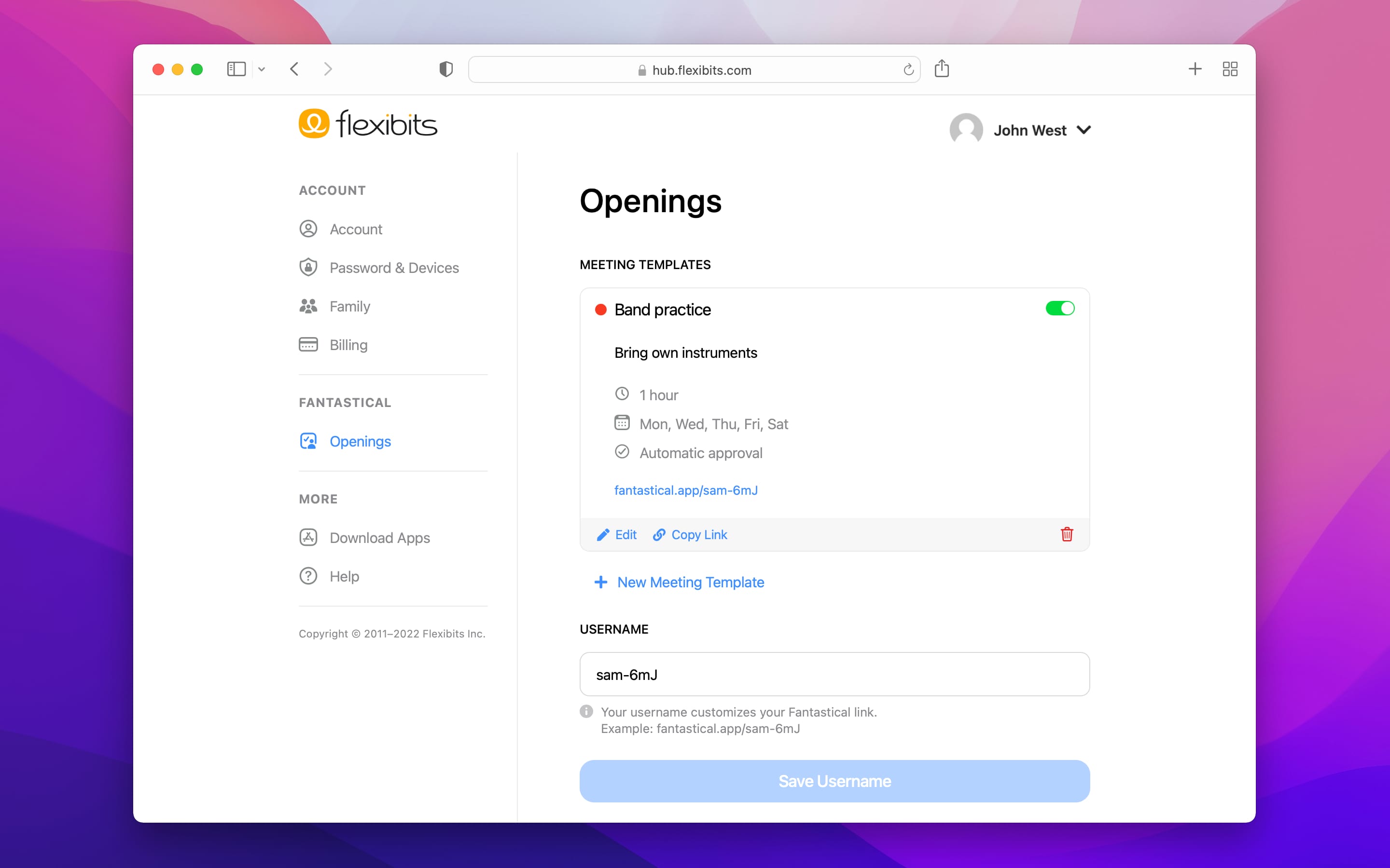 A Mac screenshot showcasing the Openings feature in Fantastical running in the Safari browser for macOS, with the ability to use custom templates when scheduling events on the web