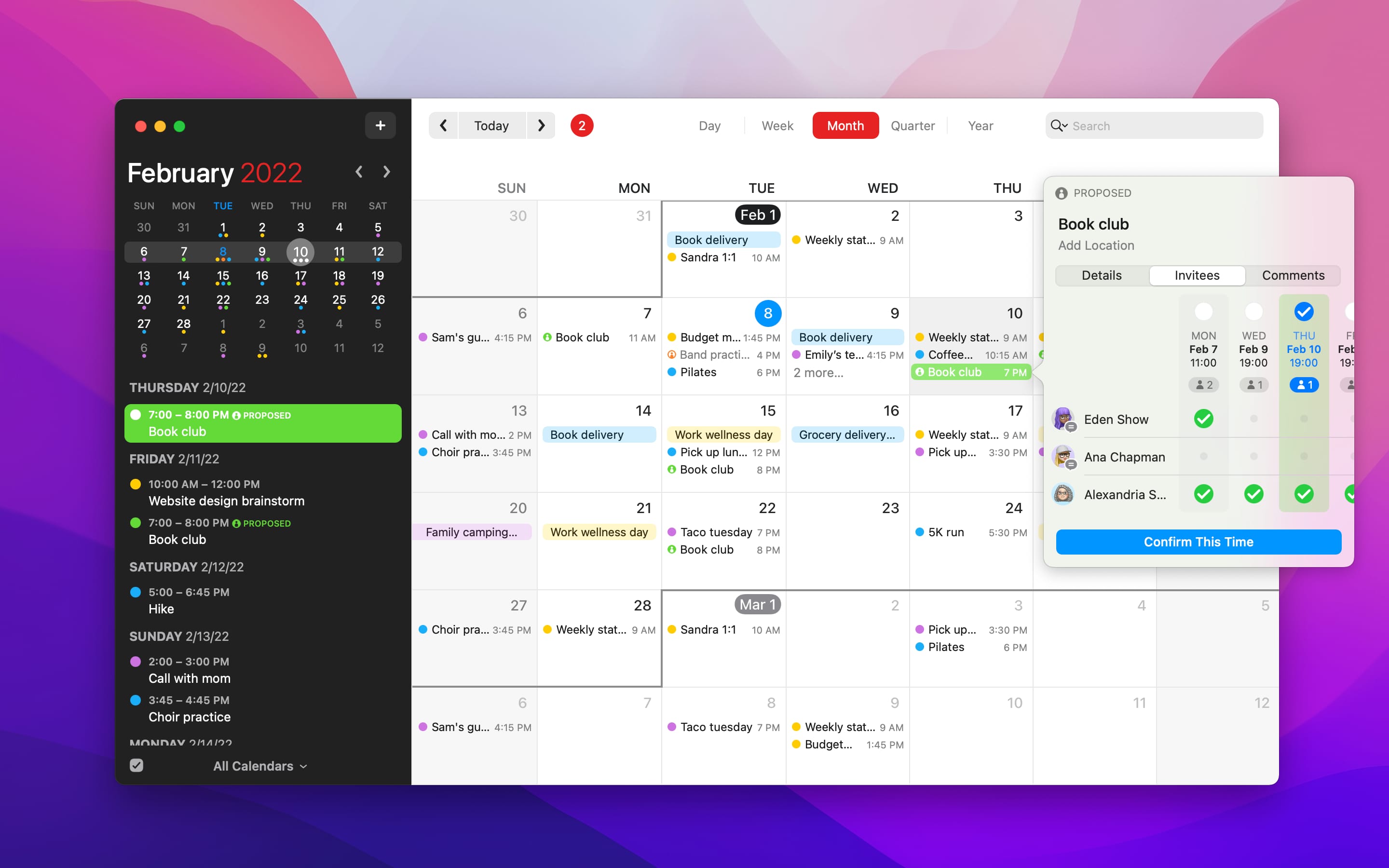 A Mac screenshot showcasing the Proposals feature in Fantastical for macOS to schedule meetings, with a popup showing a list of invitees and their chosen time slots