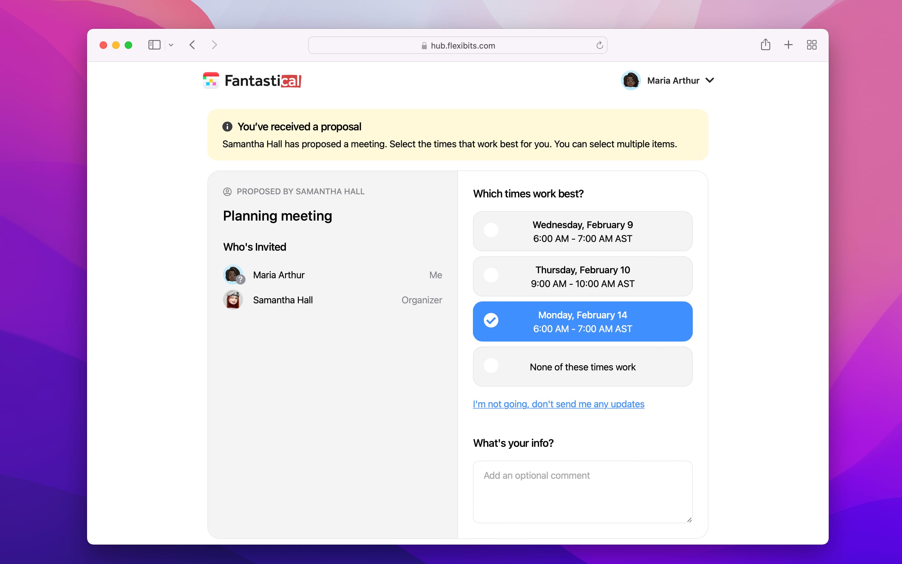 A web screenshot showcasing the Proposals feature in Fantastical to schedule meetings, with a webpage displaying multiple times an invitee can choose from