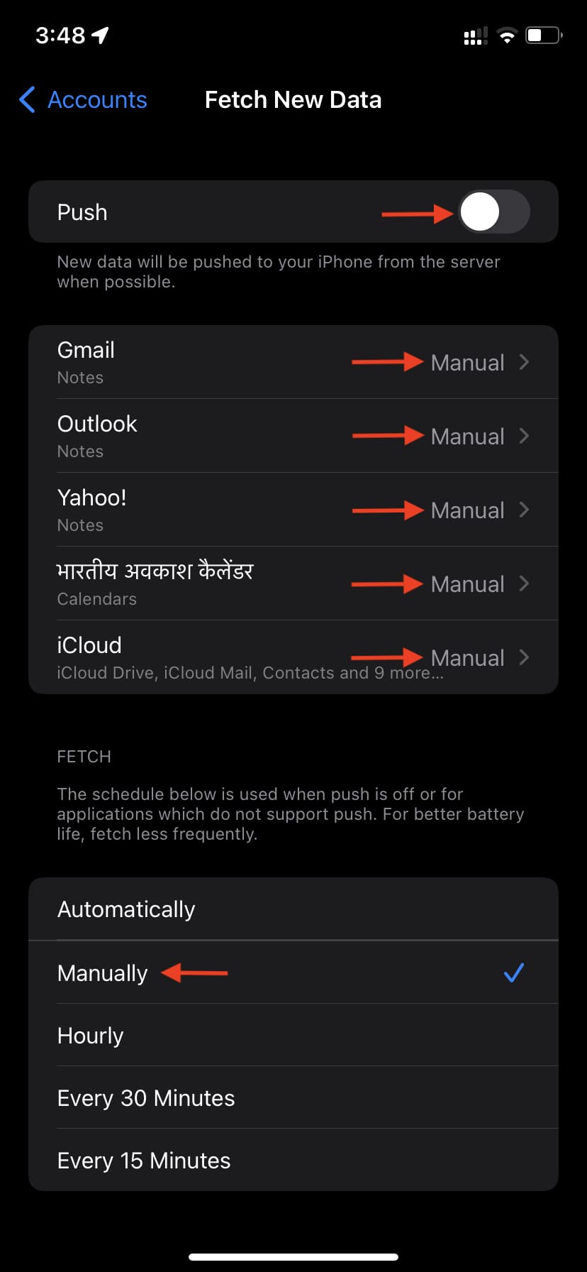 Fetch mail manually to save iPhone battery