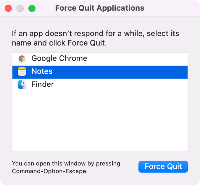 Force Quit the Notes app Mac