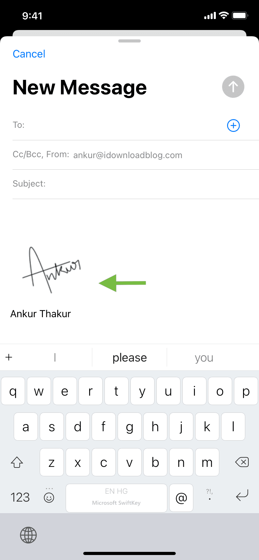 Handwritten email signature in iOS Mail app