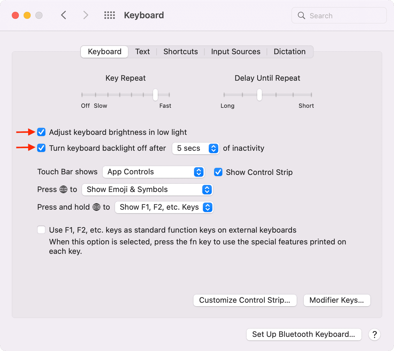 Keyboard preferences on MacBook to save battery