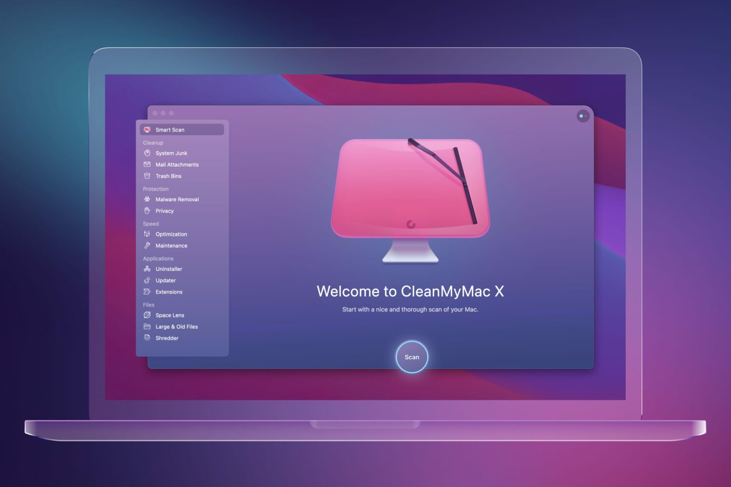 Promotional graphics displaying the splash screen in CleanMyMac for macOS from Ukrainian developer MacPaw