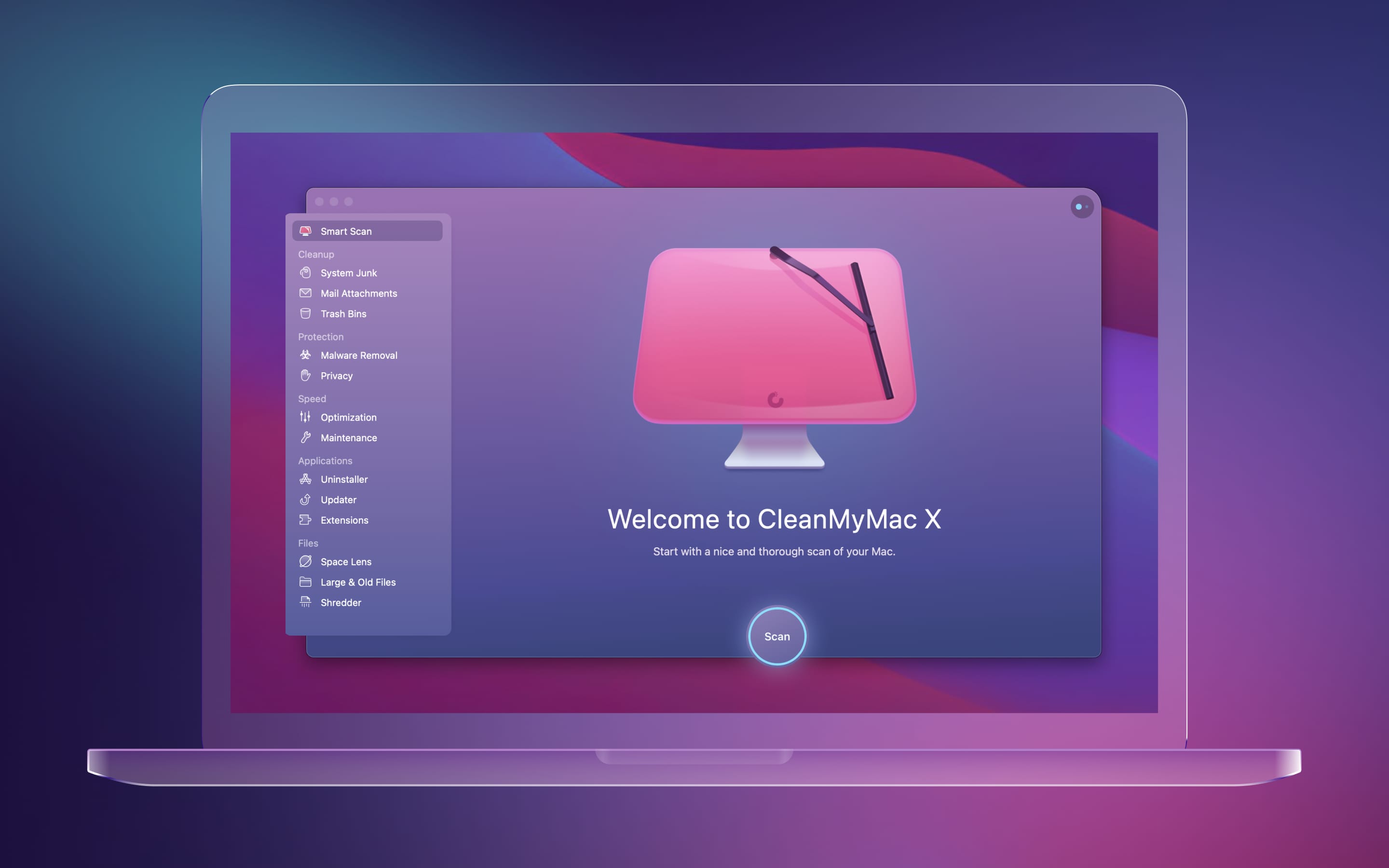 Promotional graphics displaying the splash screen in CleanMyMac for macOS from Ukrainian developer MacPaw