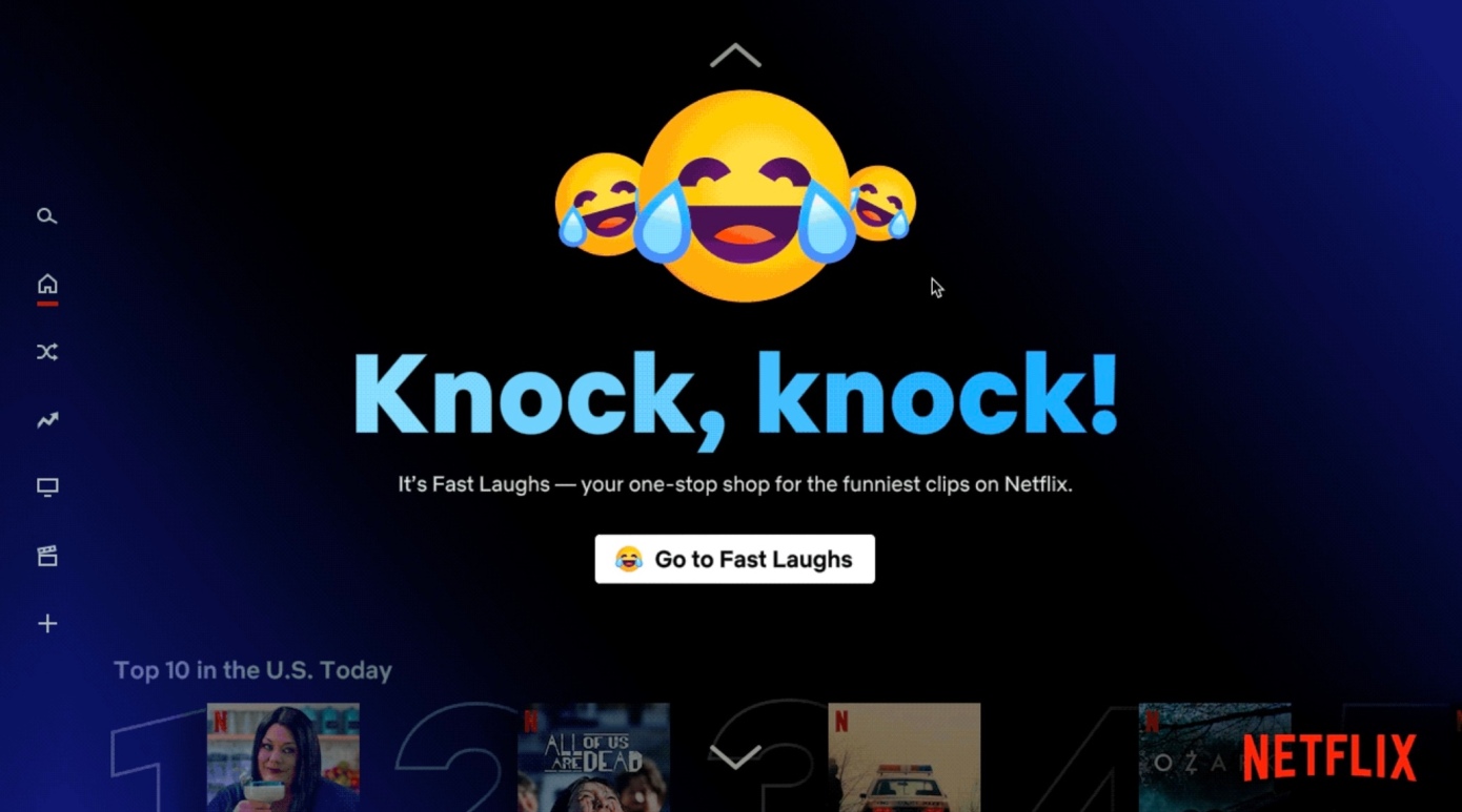 A screenshot of the Fast Laughs splash screen in the Netflix app for TV sets