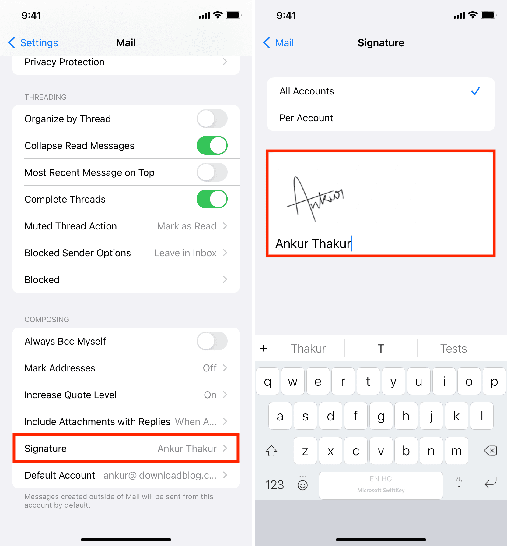 Paste handwritten image signature to Mail app settings on iPhone