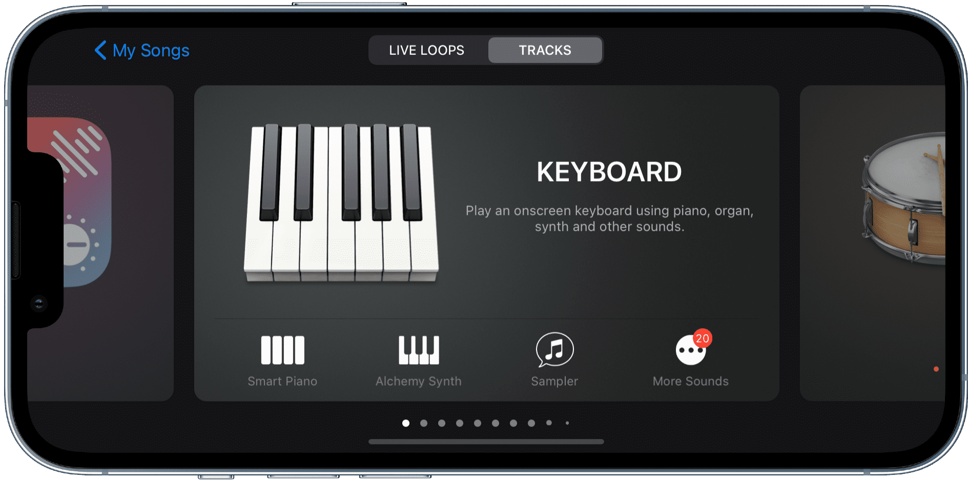 Pick keyboard in GarageBand on iPhone