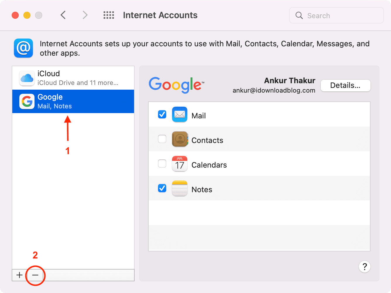 Remove internet account on Mac to save battery