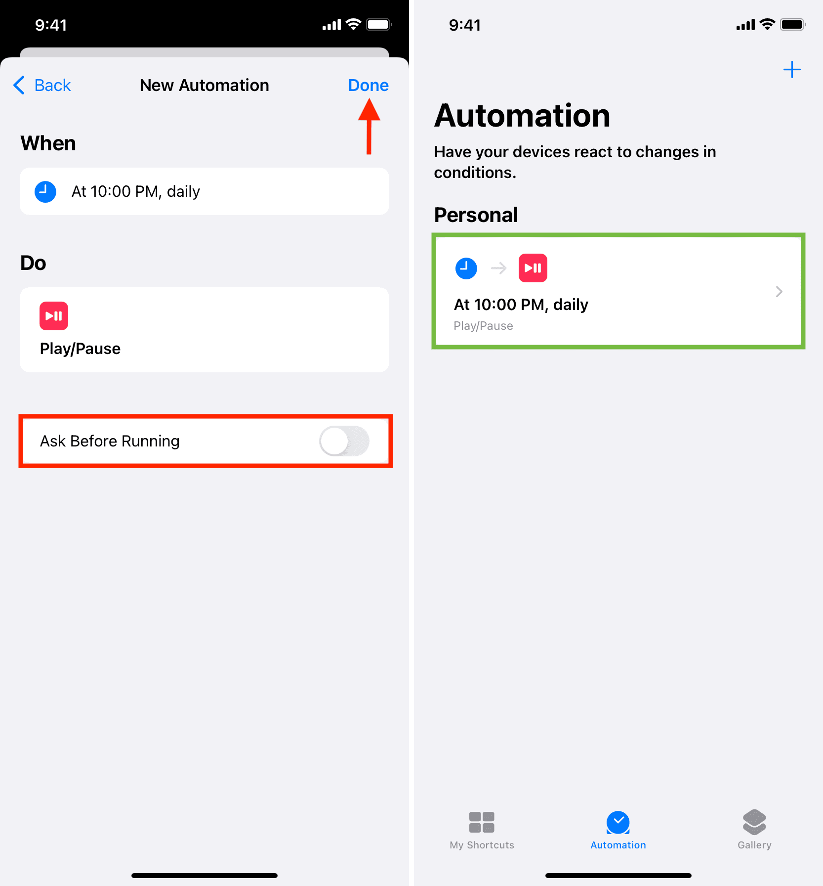 Save Automation to pause music automatically every day at the set time on iPhone