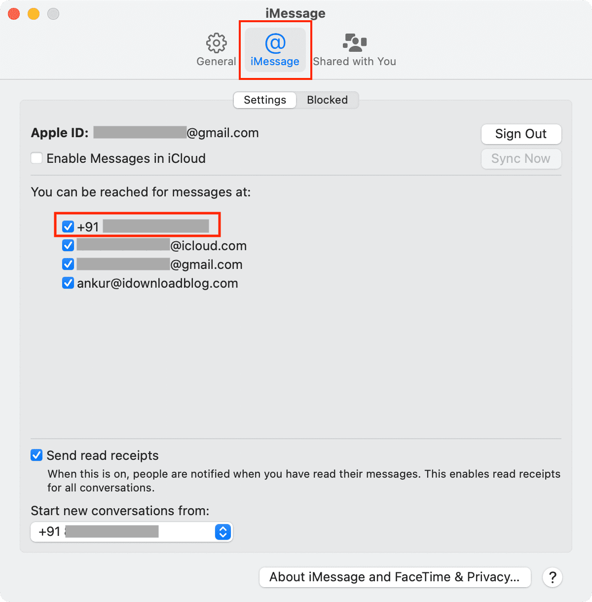 Set Phone Number to receive iMessage on Mac