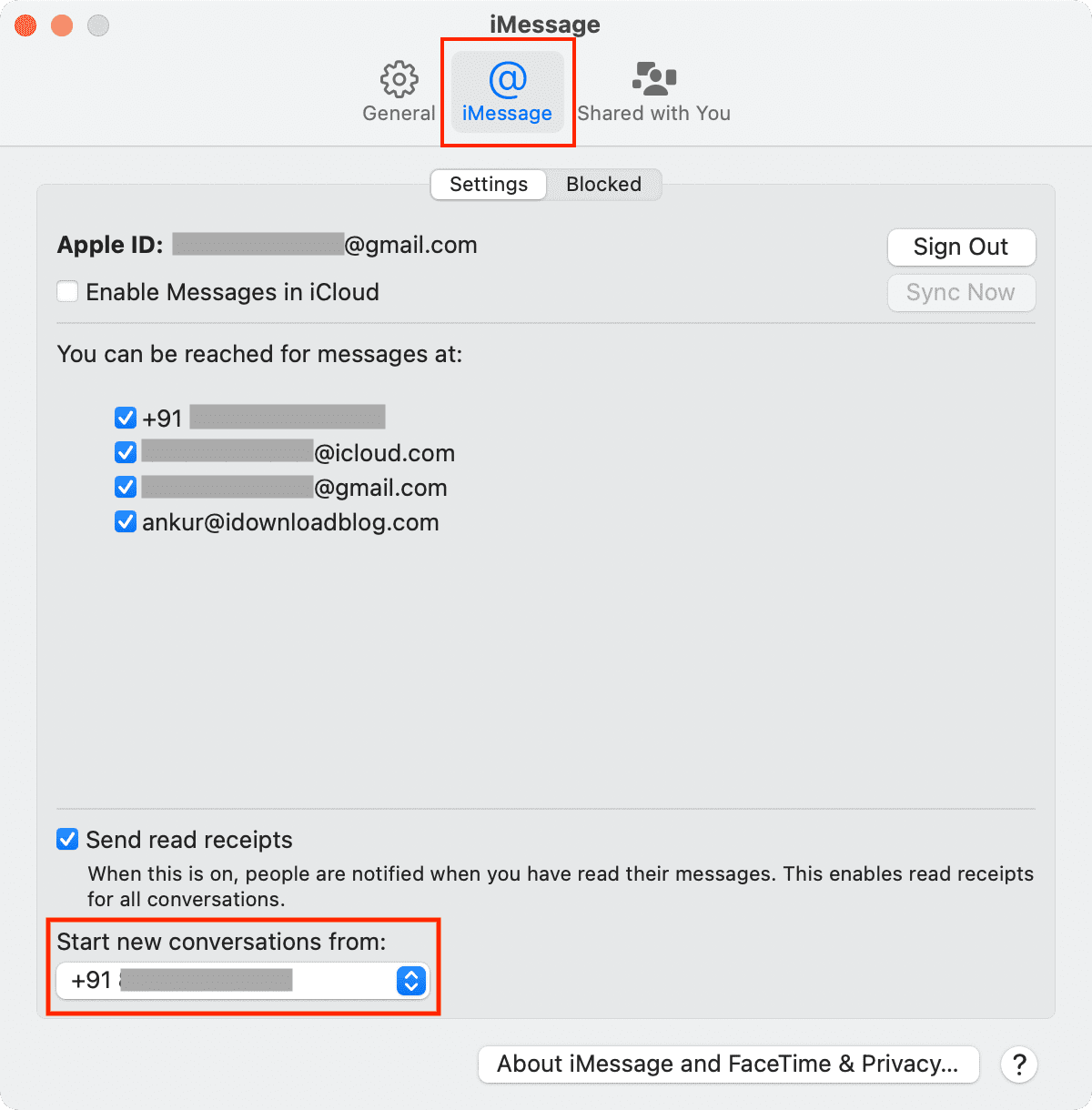 Set Phone Number to start iMessage on Mac
