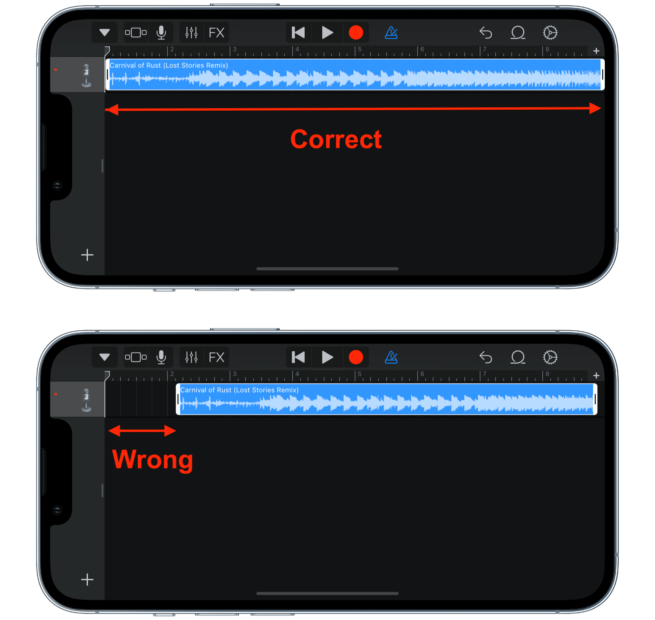 Set correct position of tone in GarageBand editing timeline