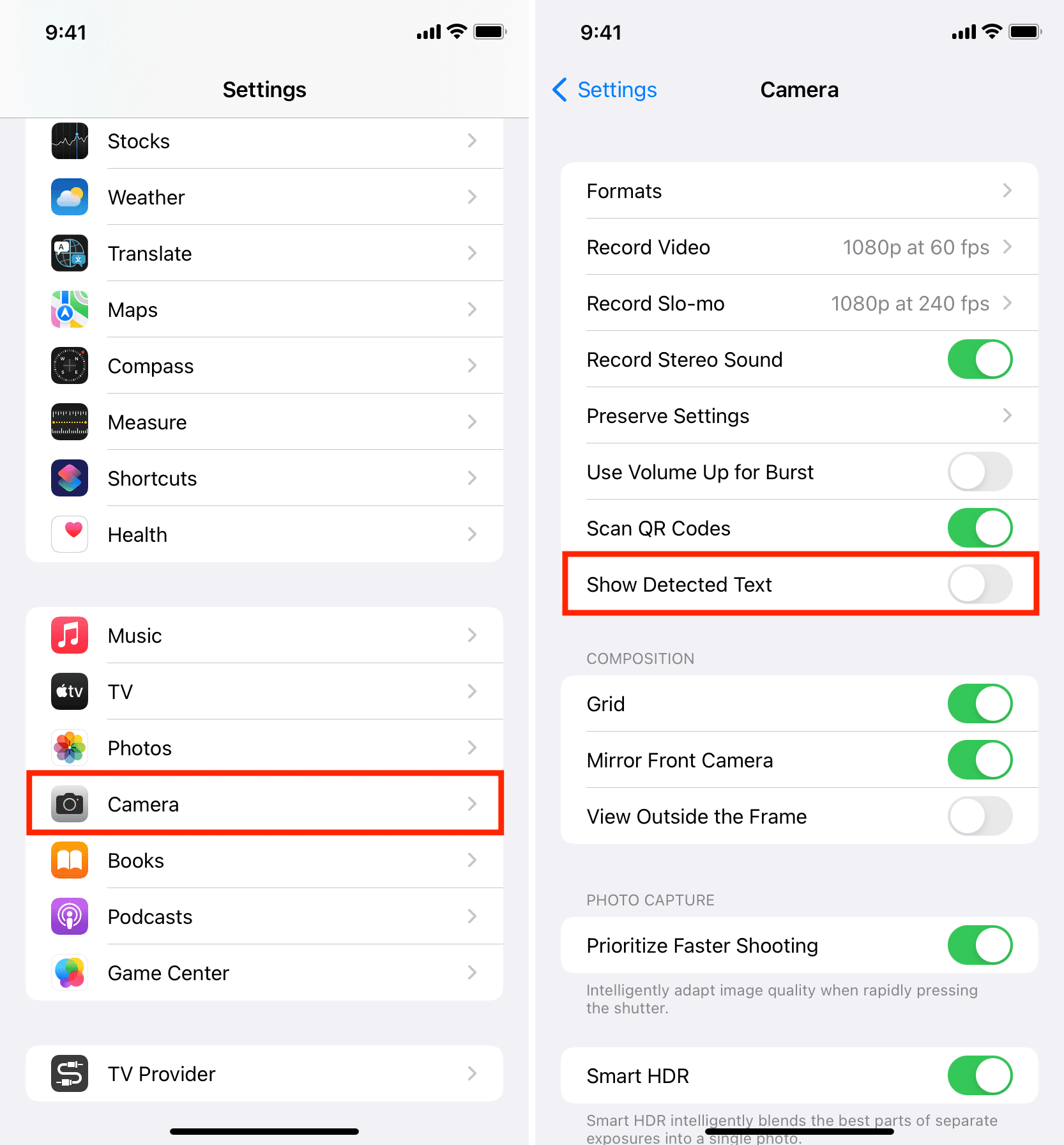 Show Detected Text in Camera Settings on iPhone