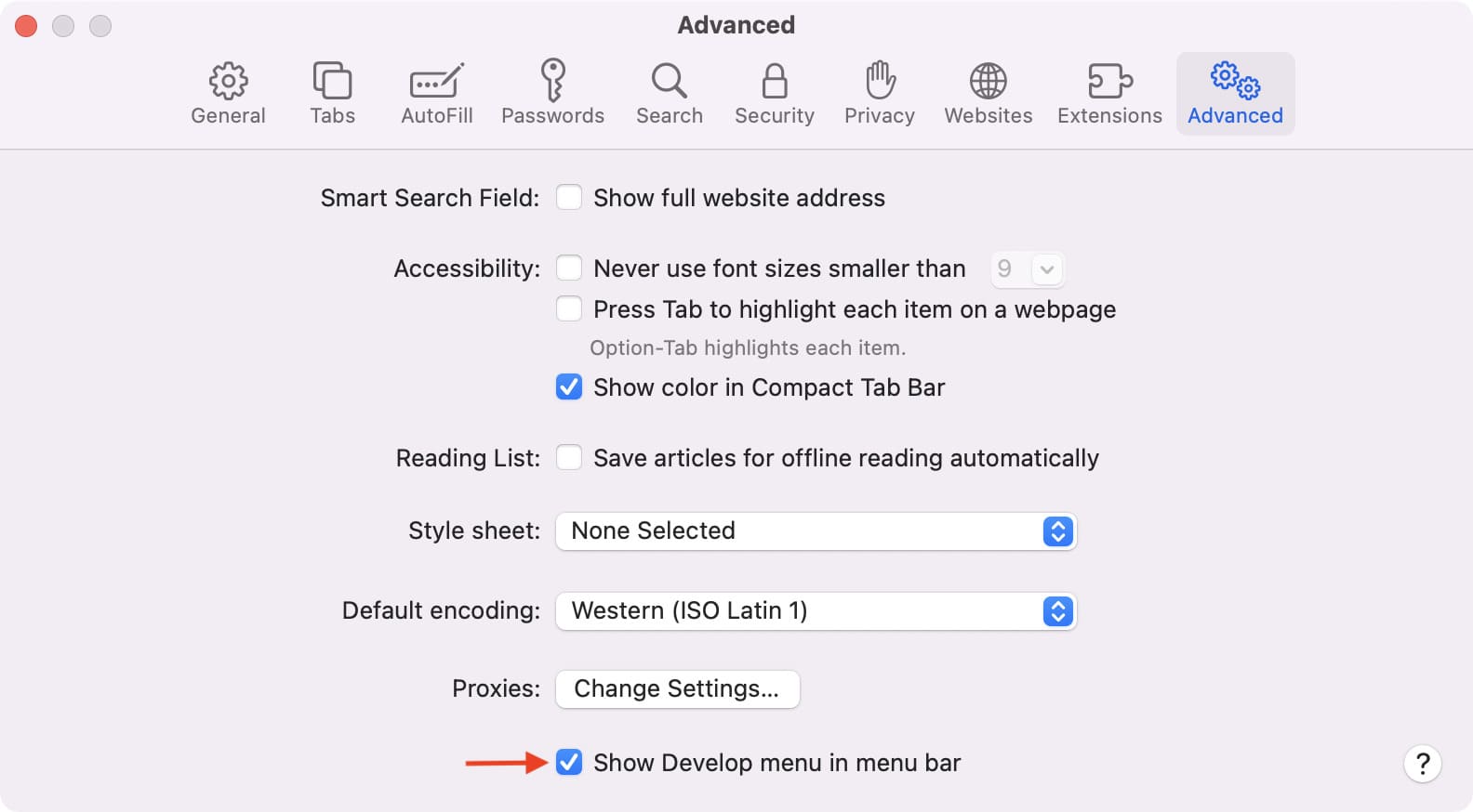 Show Develop menu in menu bar Safari