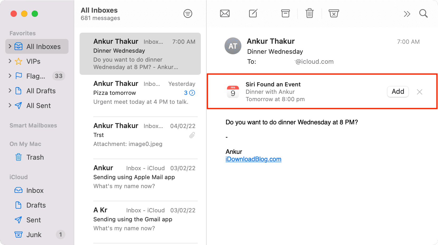 Siri Found an Event in Mail app on Mac