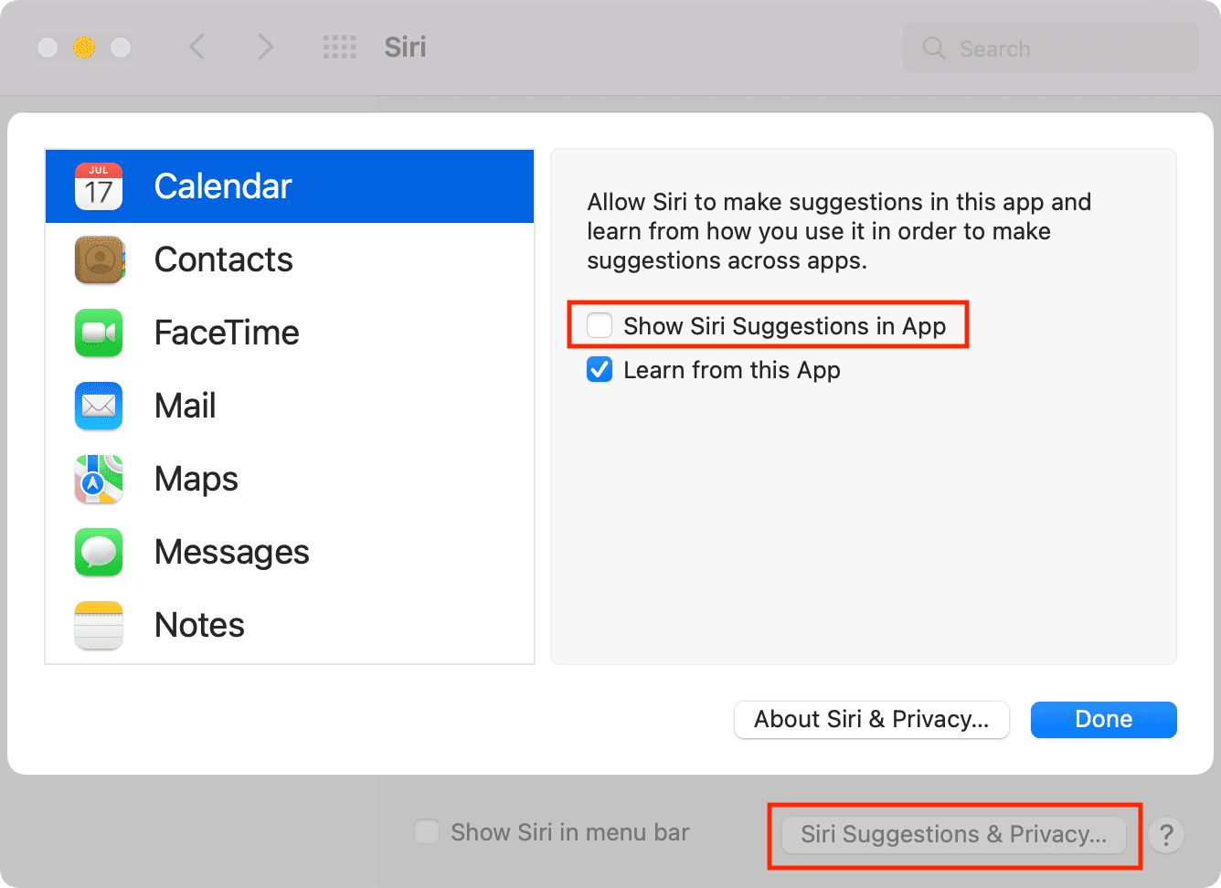 Turn off Siri Suggestion in Calendar app on Mac