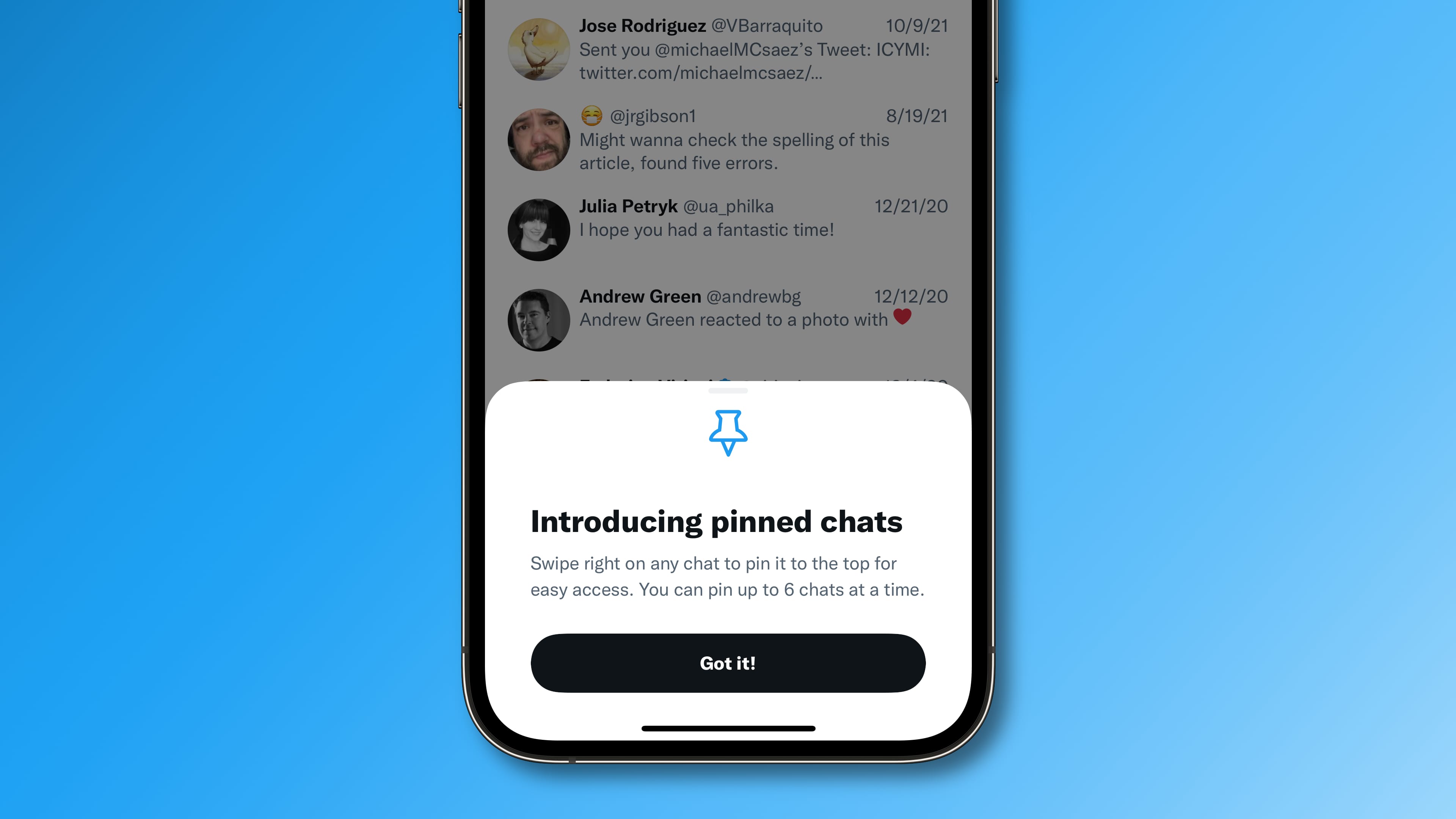 iPhone device screenshot showing the splash screen for pinned Twitter chats, set against a light blue gradient background