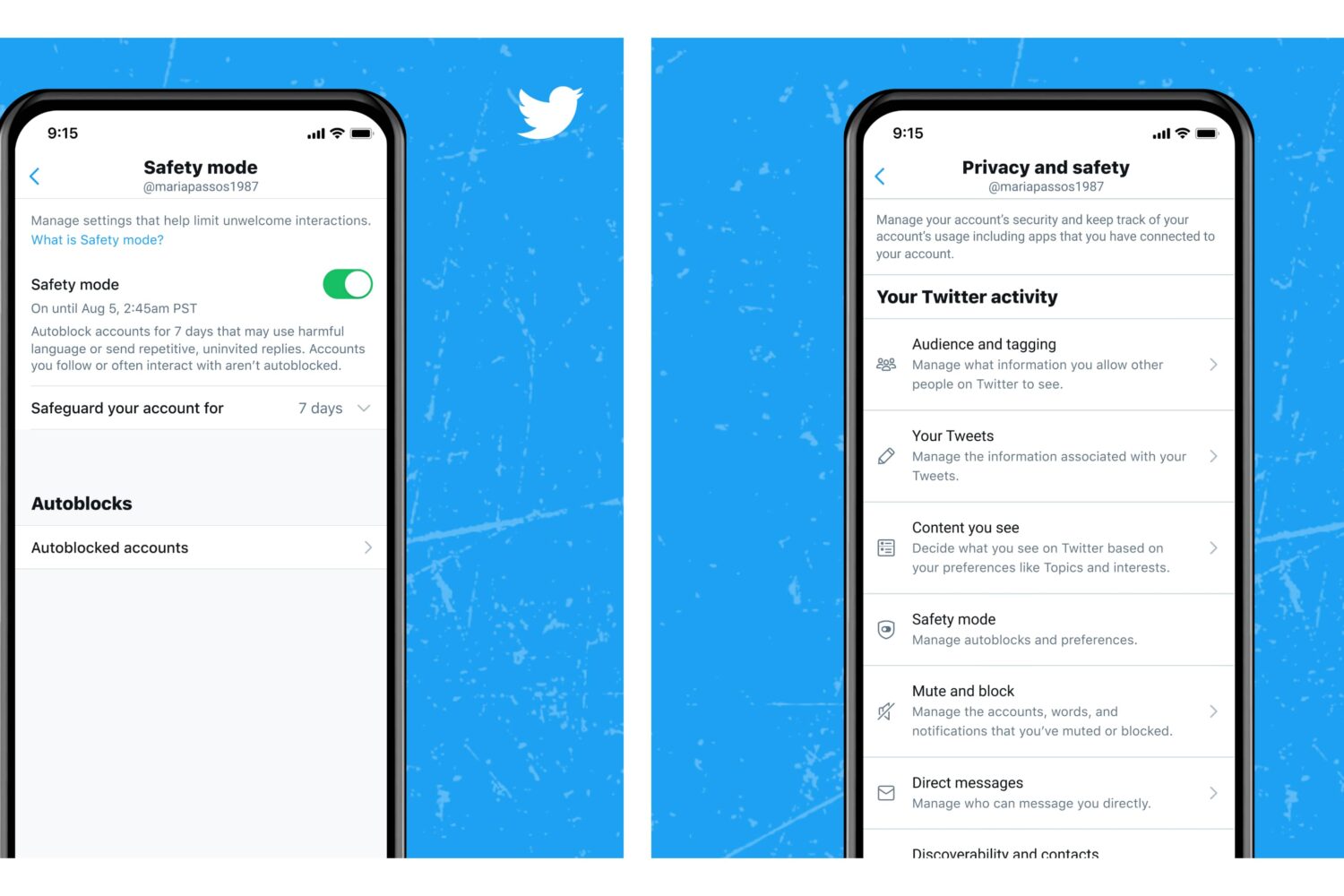 Twitter's promotional graphics with twi device screenshot showcasing the Safety Mode feature on iPhone