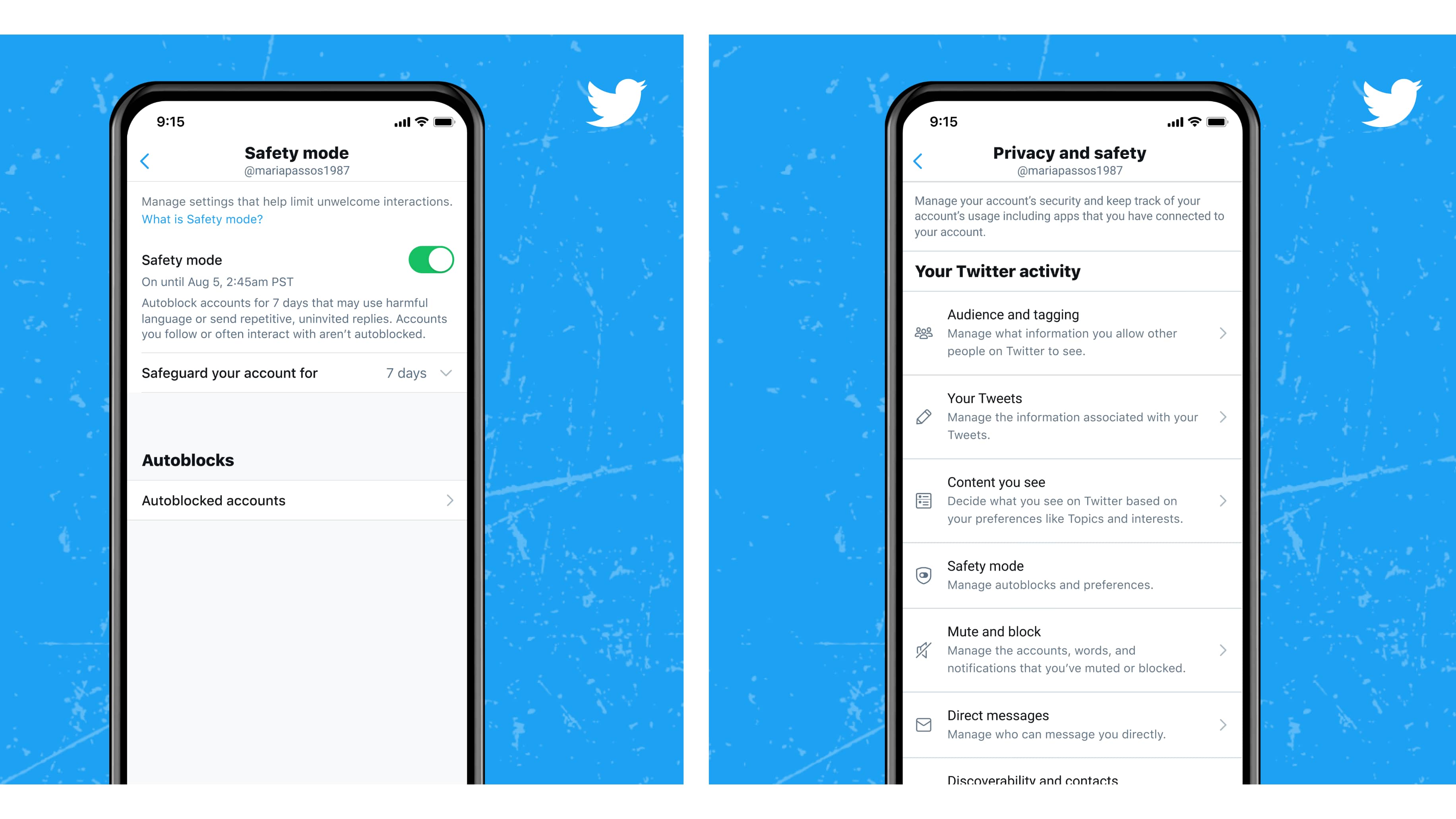 Twitter's promotional graphics with twi device screenshot showcasing the Safety Mode feature on iPhone