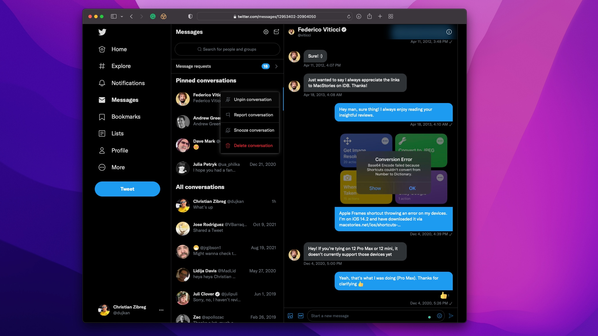 A Safari screenshot showing how to unpin a Twitter conversation from the top of the DM inbox on the web, by clicking the three-dotted menu next to the chat