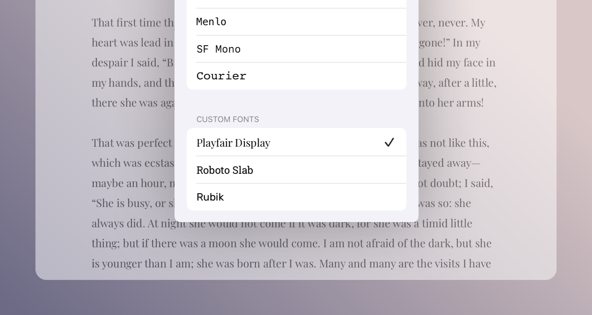 An image showcasing third-party font support in the iPhone and iPad writing app Ulysses version 2.5