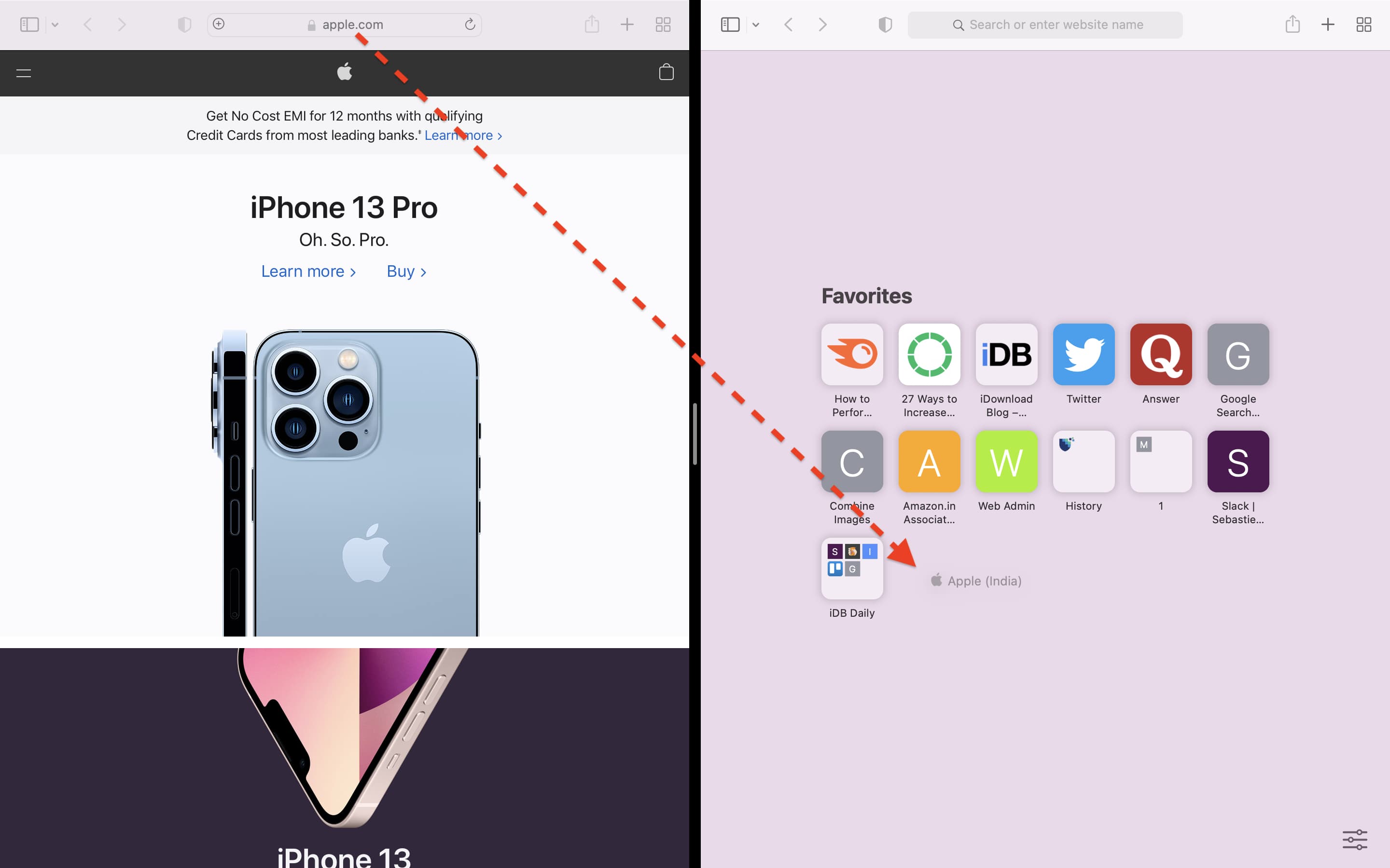 Use split view to add to Favorites in Mac's Safari
