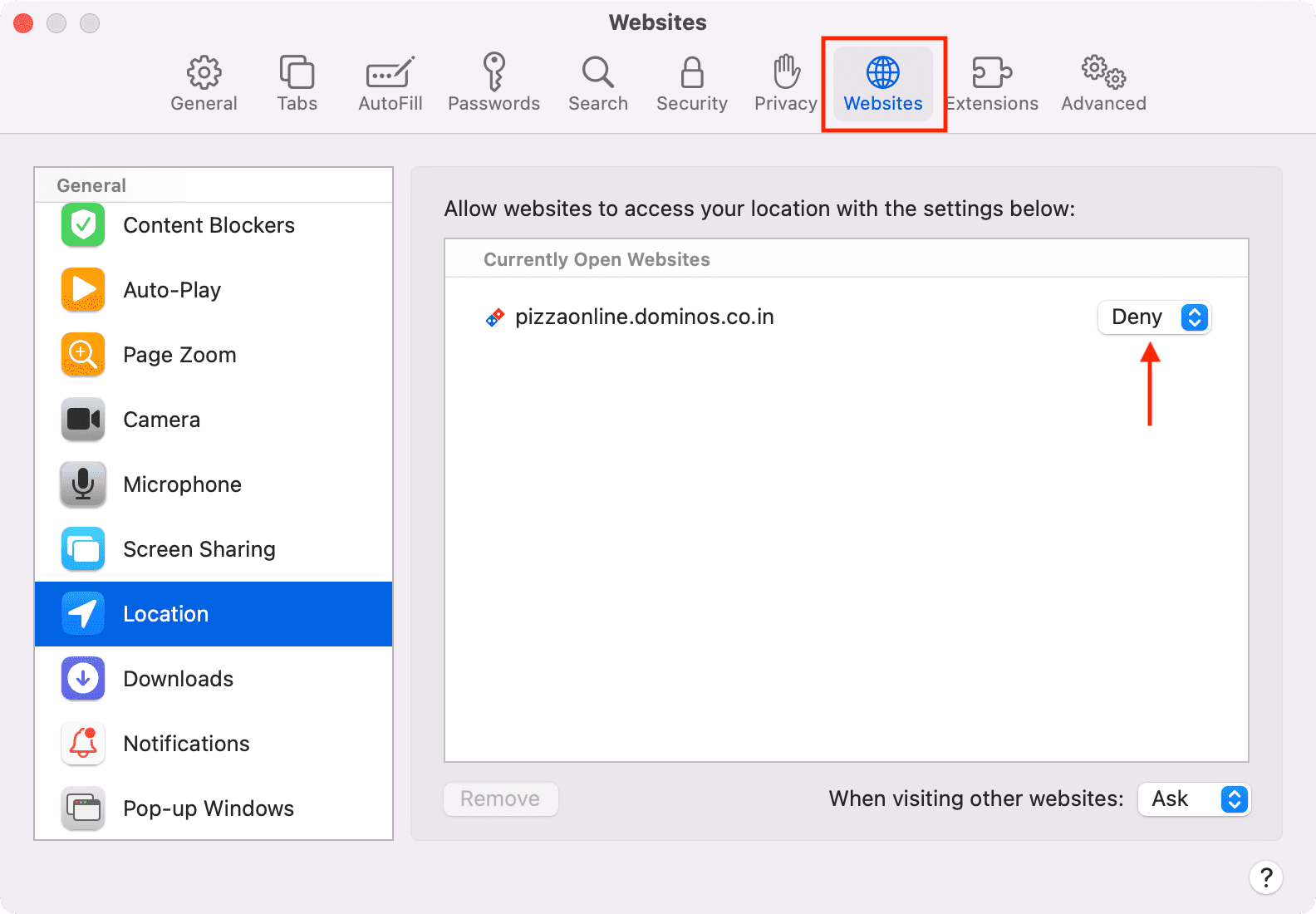 Website location settings in Safari on Mac