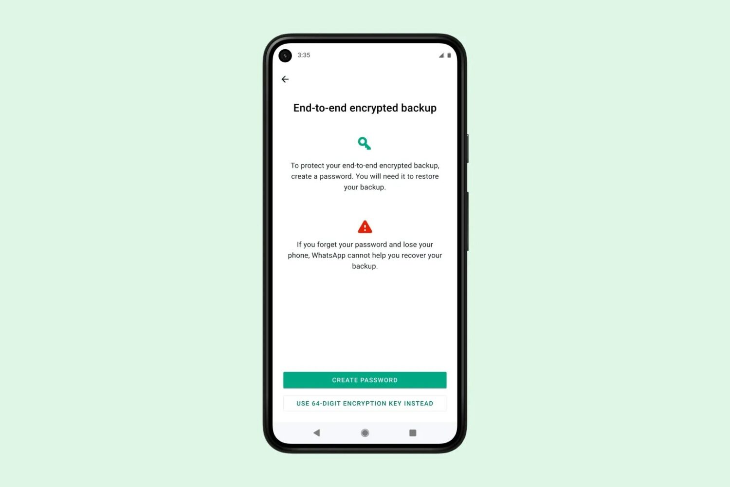 Meta's promotional image showing Android device screenshot set against a solid light-green background, with the device displaying a splash screen in WhatsApp for end-to-en encrypted backups
