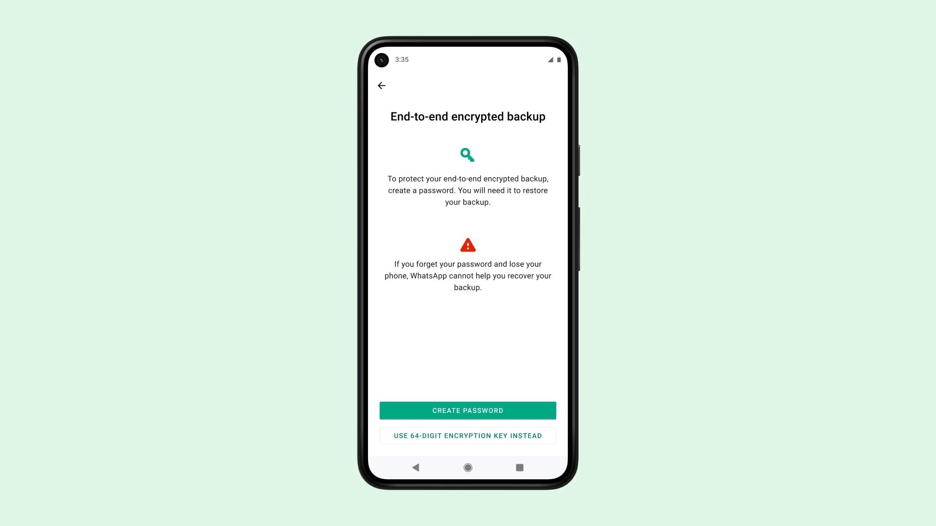 Meta's promotional image showing Android device screenshot set against a solid light-green background, with the device displaying a splash screen in WhatsApp for end-to-en encrypted backups