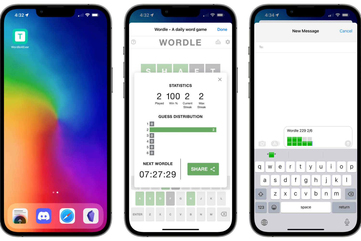 Three iPhone device screenshots showing the icon for the WordleForefver script (left), Wordle running in the Safari browser offline (center) and sharing a game via Apple's Messages app (right)