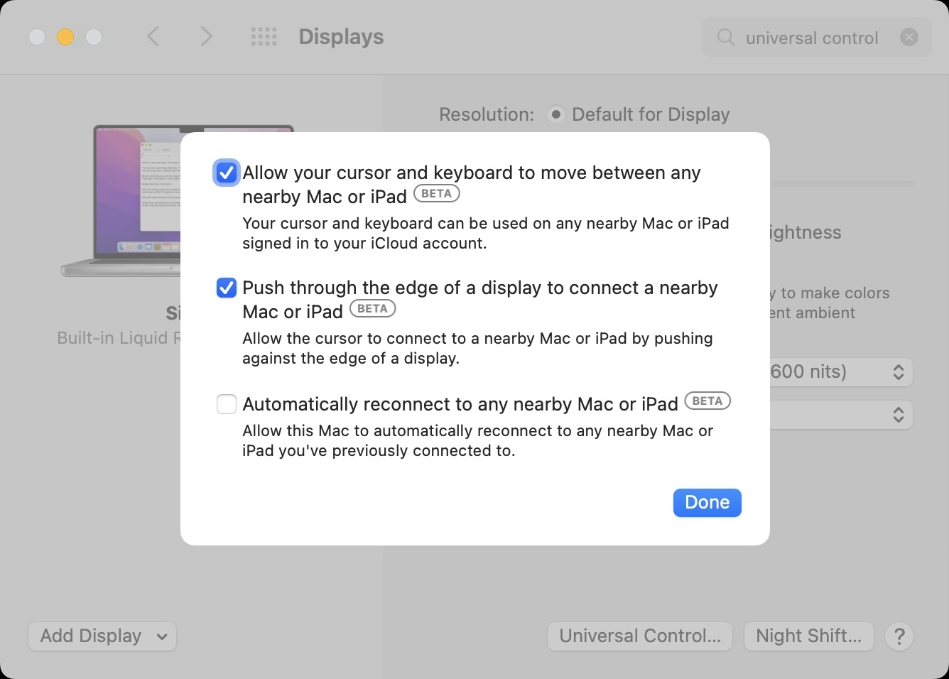 A Mac screenshot showcasing the Universal Control settings in System Preferences on macOS Monterey 12.3 beta 3