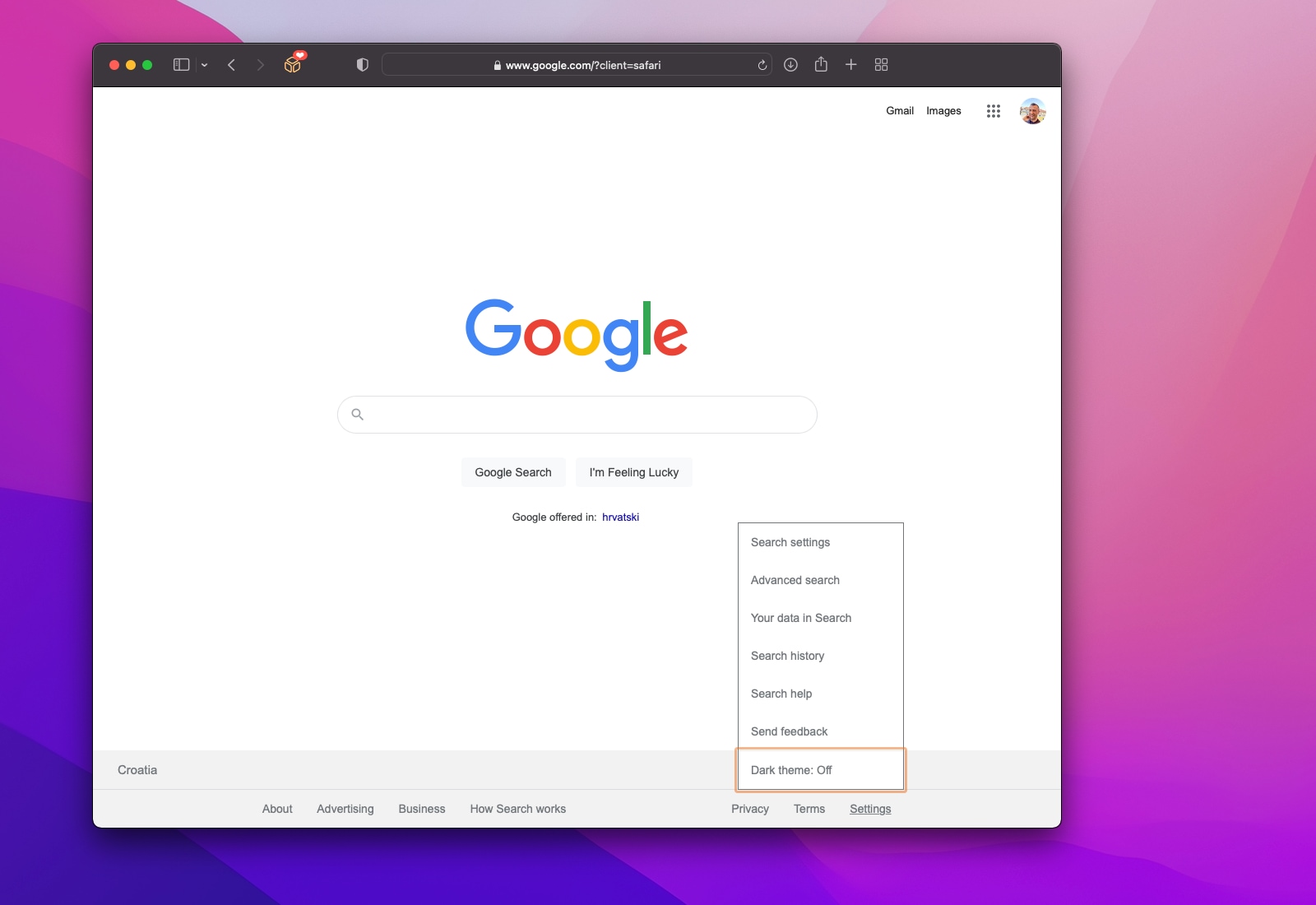 A screenshot of the Google search homepage in Safari for Mac showing the Settings menu at the bottom open with the Dark Mode option highlighted