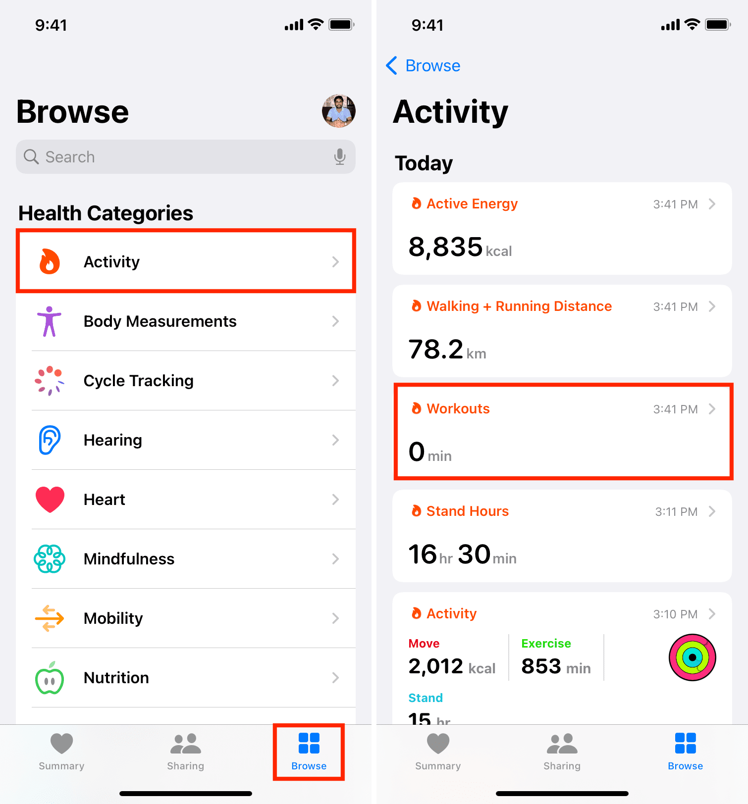 Workouts in Activity section of the Health app on iPhone