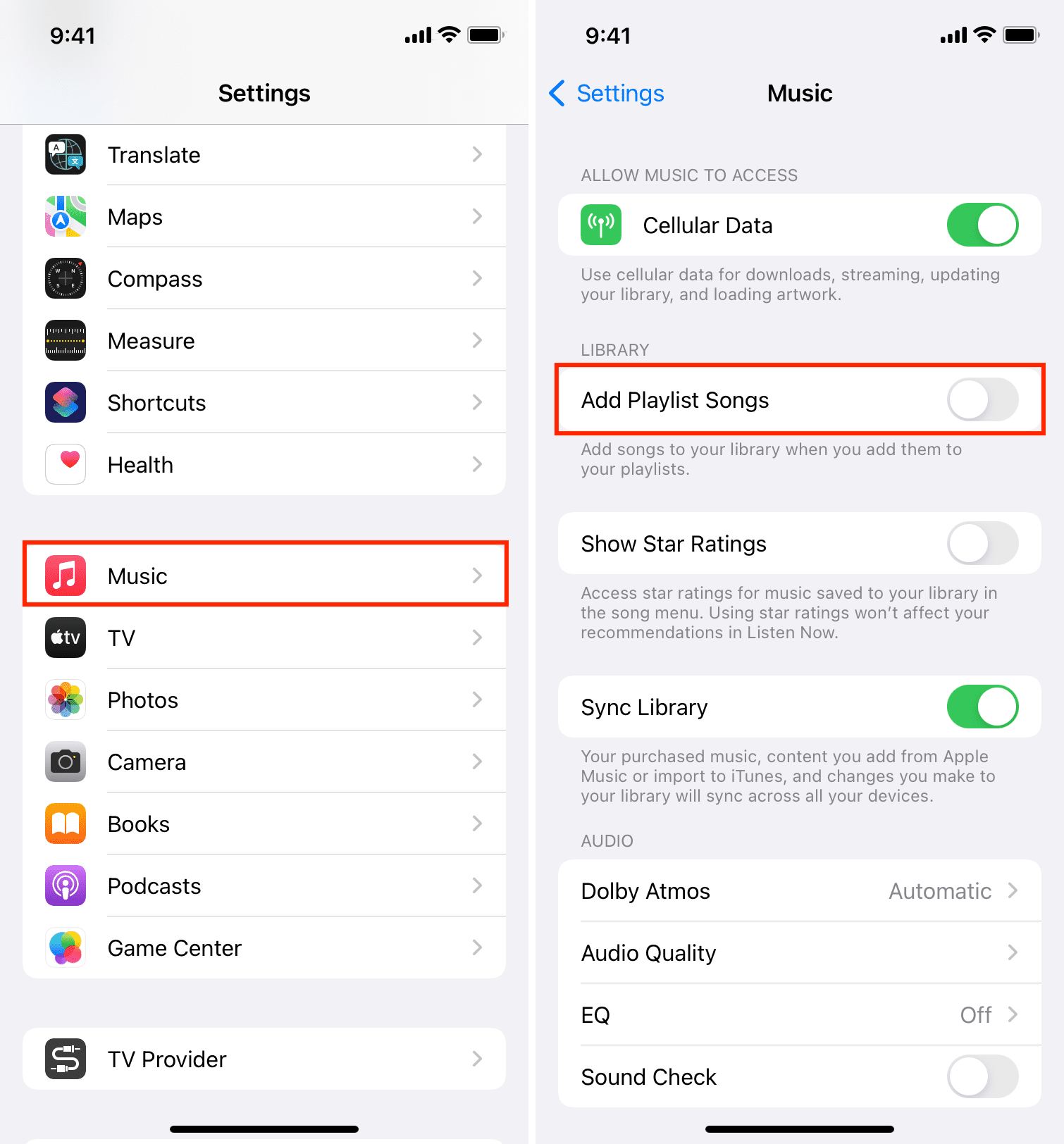 Add Playlist Songs in Music settings on iPhone